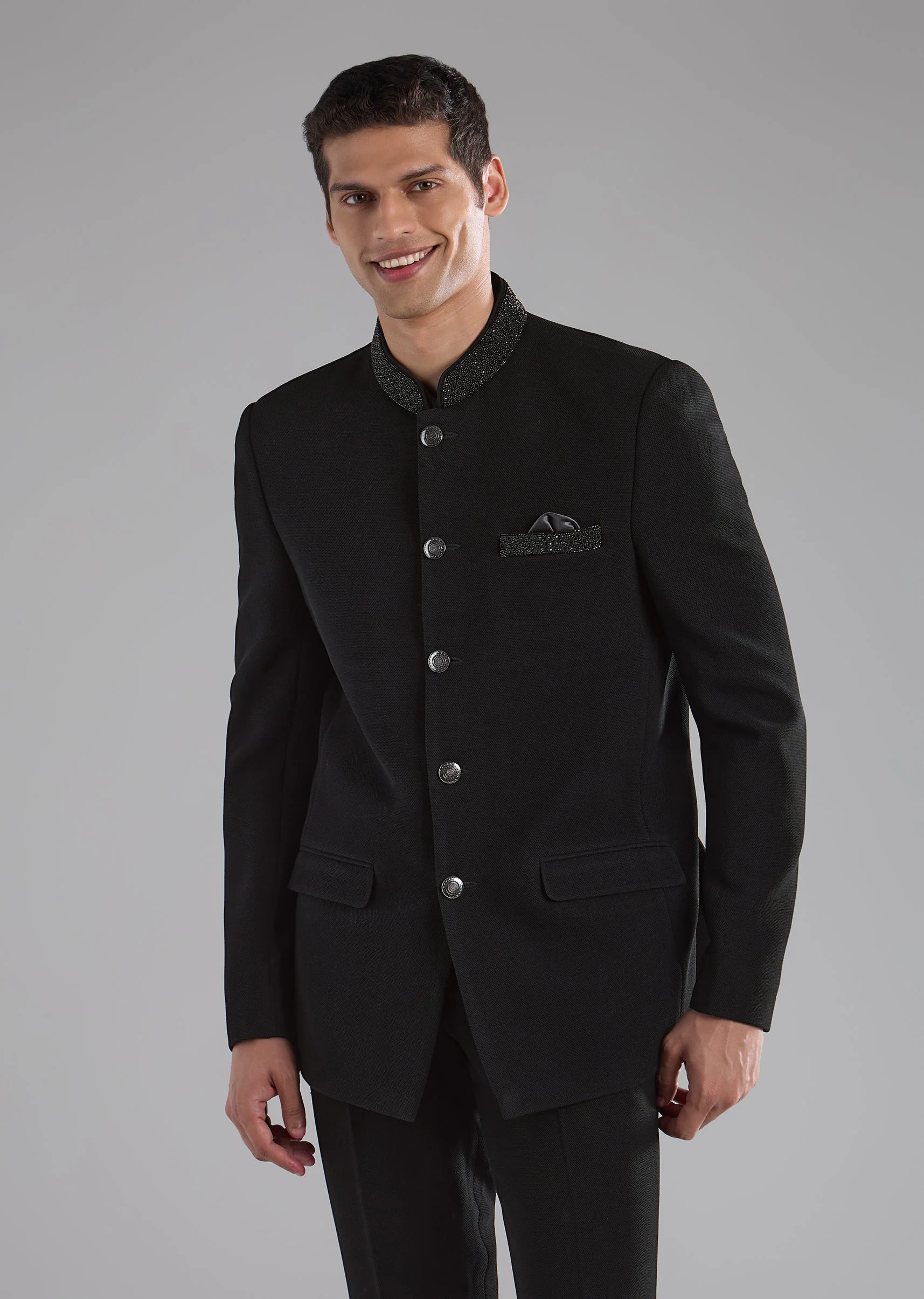 Black Rayon Jodhpuri Set with Bead Embroidery - Image 3