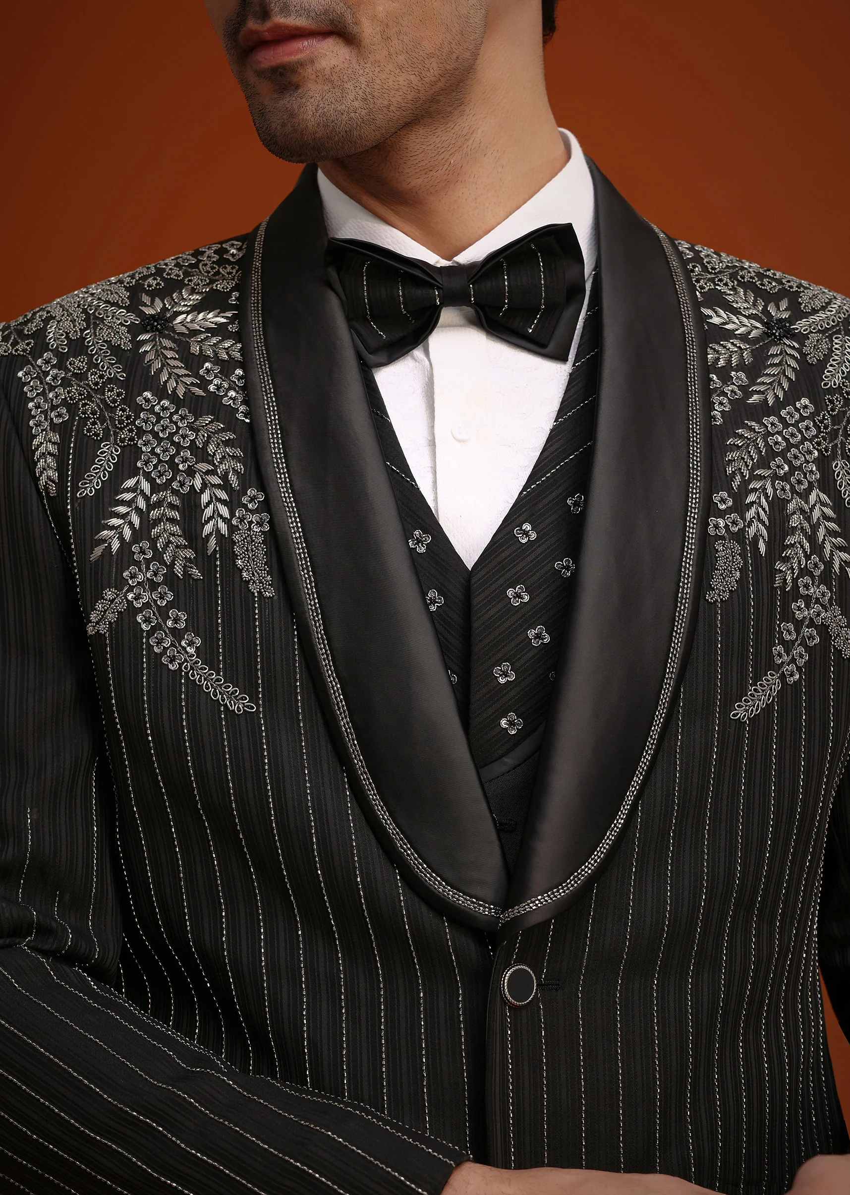 Black Rayon Tuxedo Set With Stone And Cutdana Work - Image 4