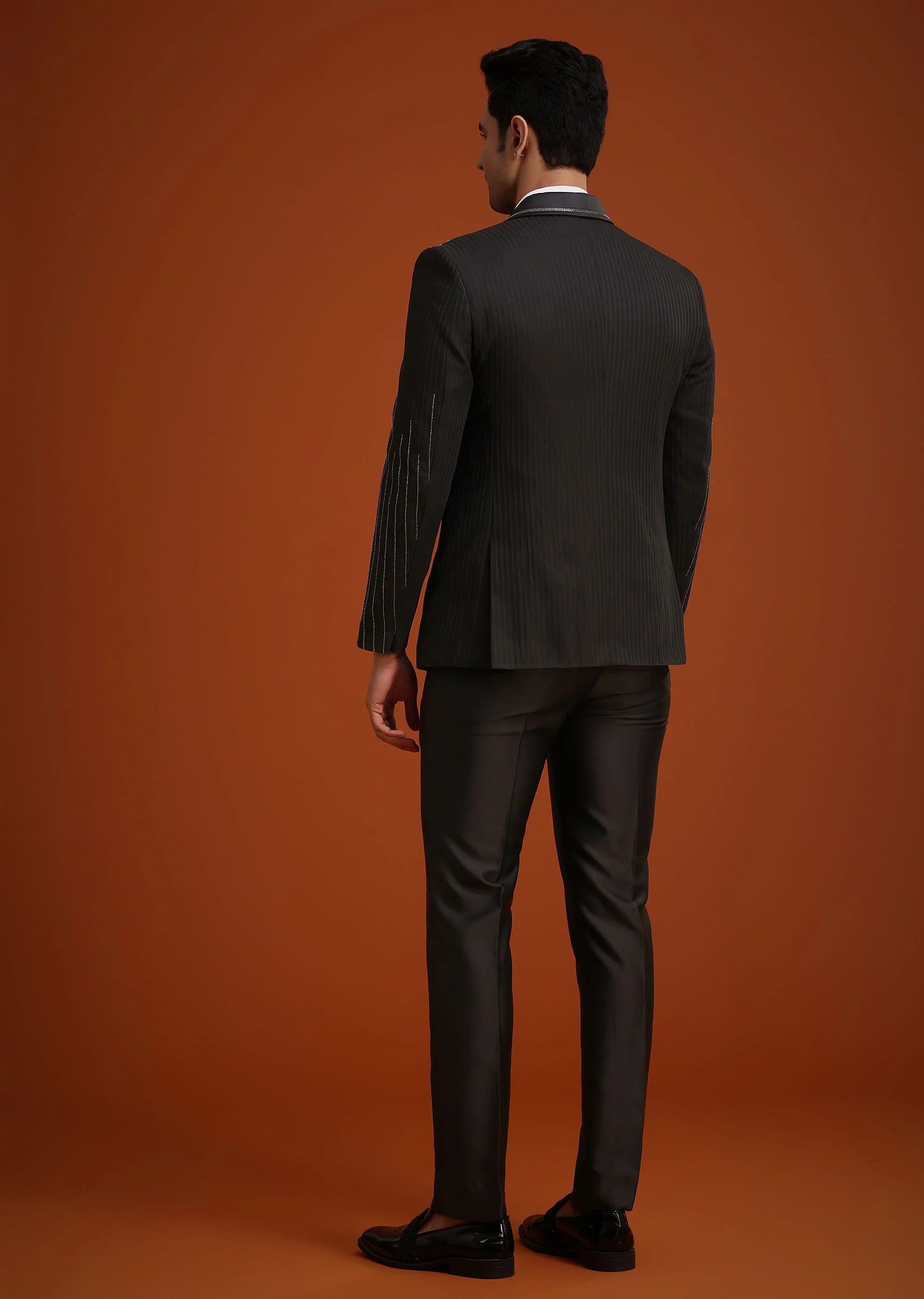 Black Rayon Tuxedo Set With Stone And Cutdana Work - Image 5