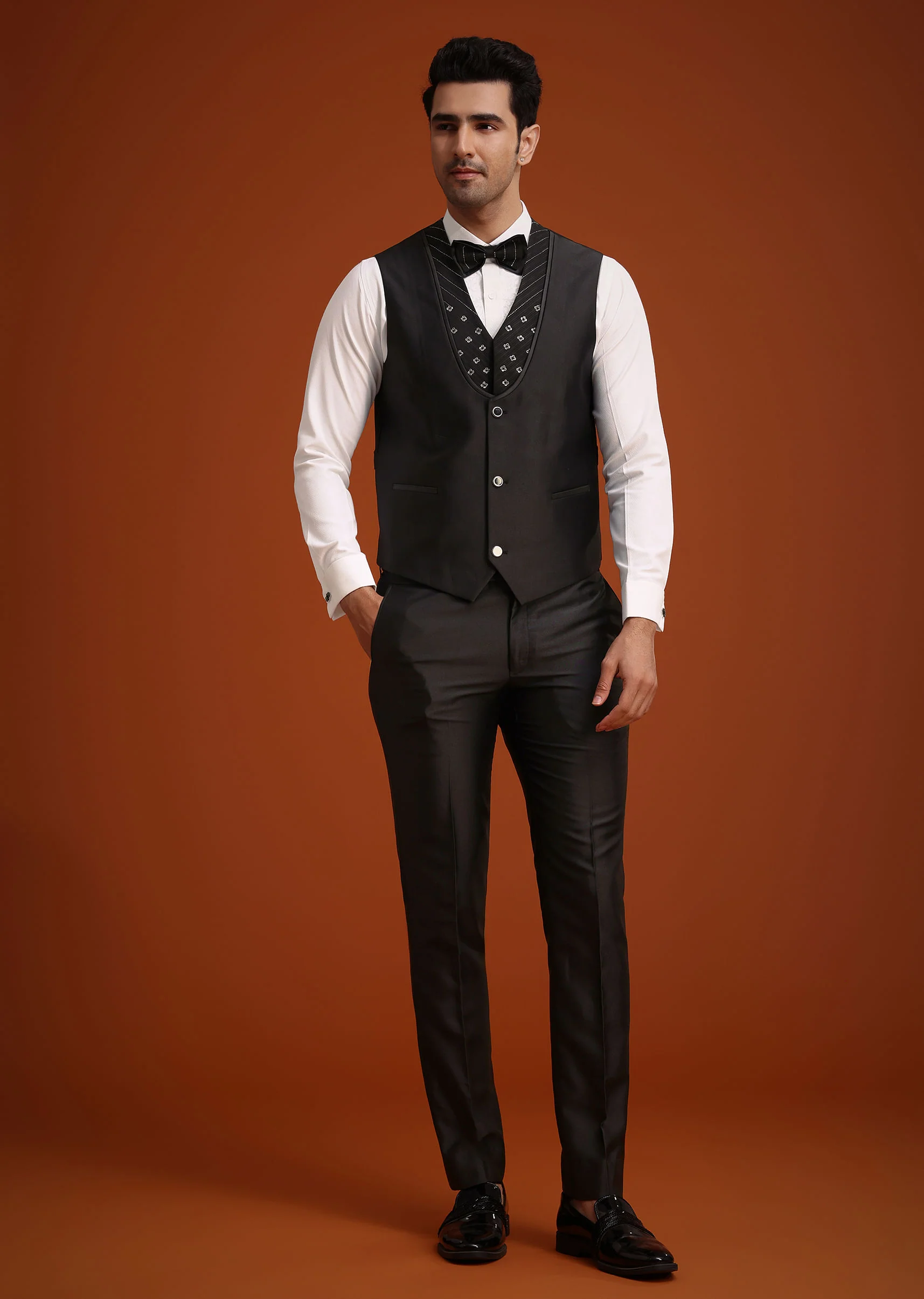 Black Rayon Tuxedo Set With Stone And Cutdana Work - Image 6