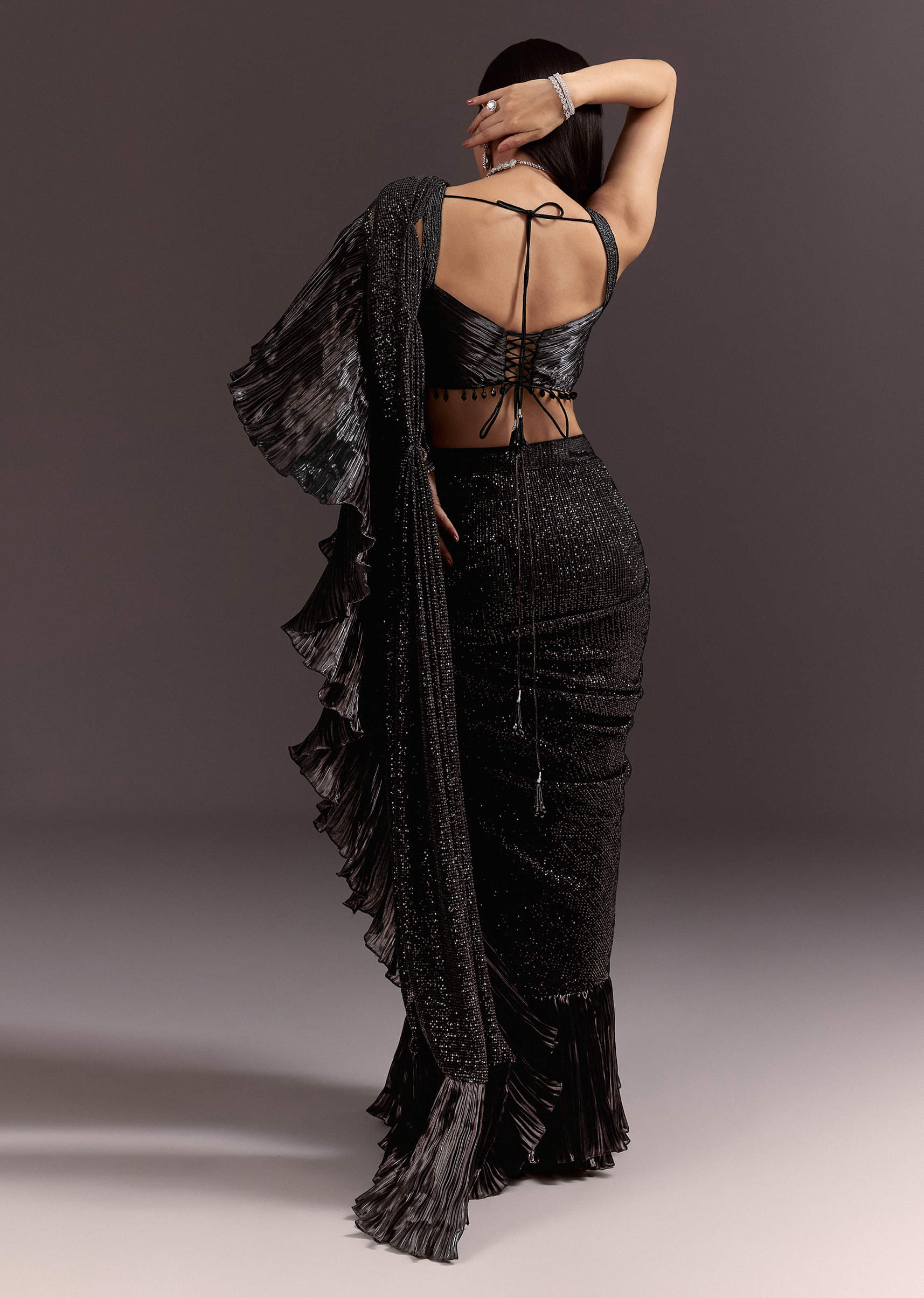 Black Ready Pleated Saree With Ruching Blouse And Frills - Image 6