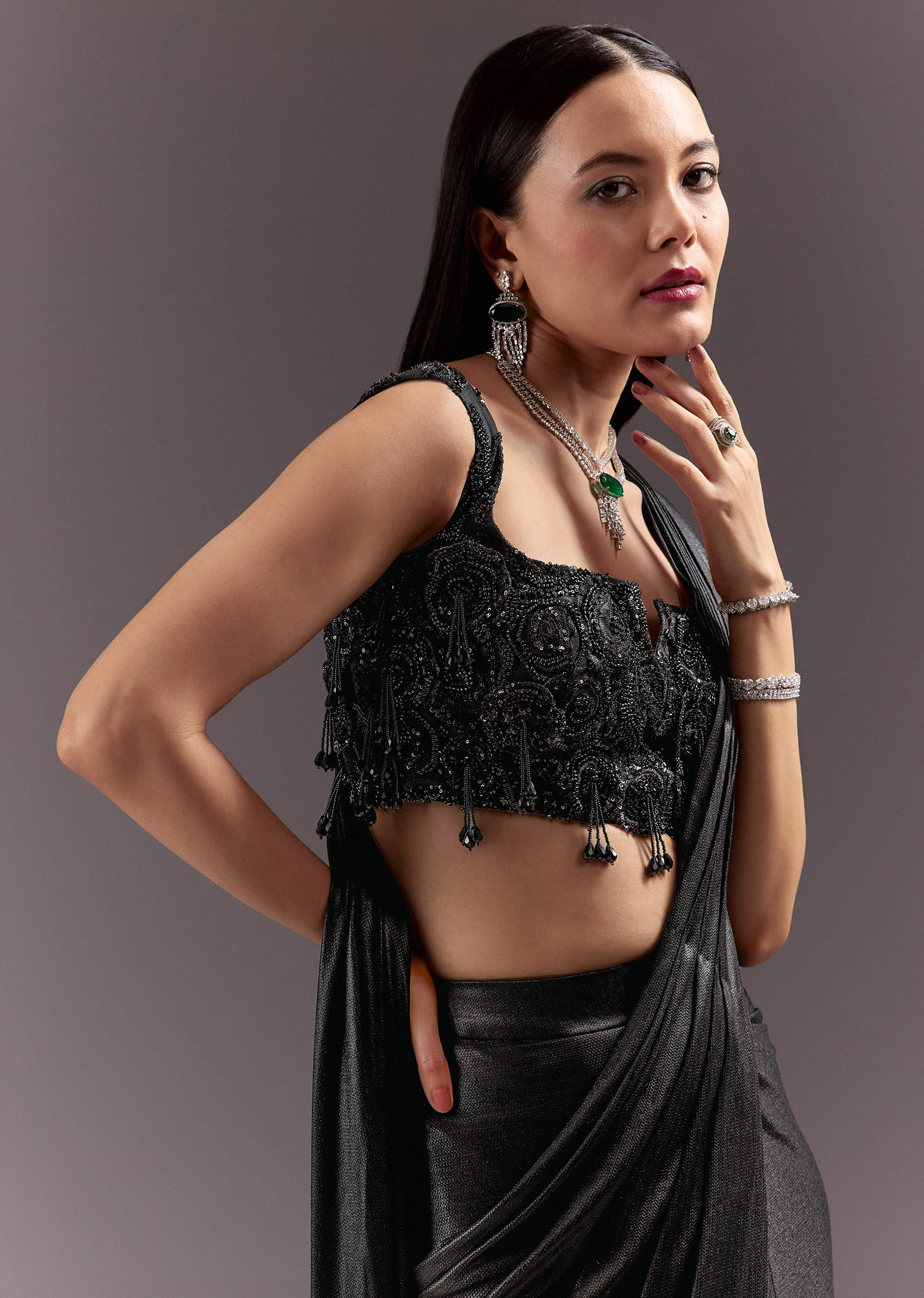 Black Ready To Drape Frill Saree With Ruching Blouse - Image 3
