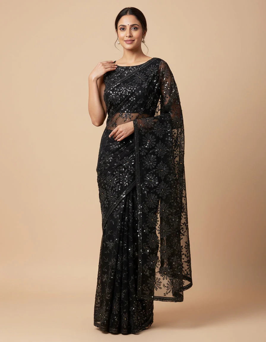 Black Refined Embroidered Saree