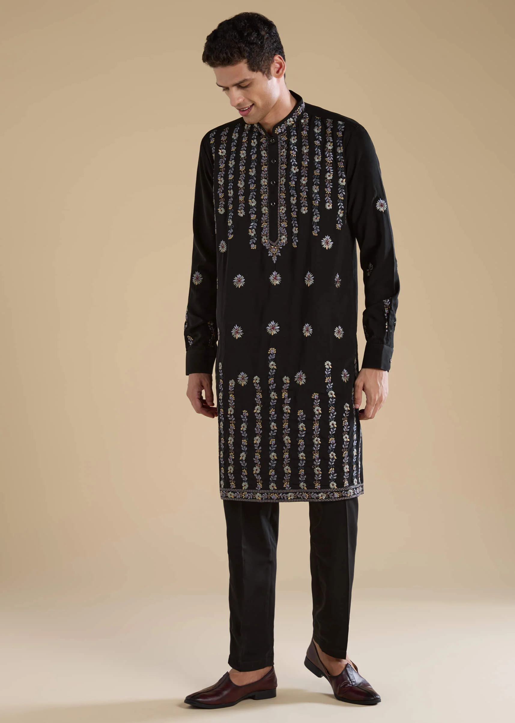 Black Resham Work Straight Mens Kurta and Pant Set - Image 3