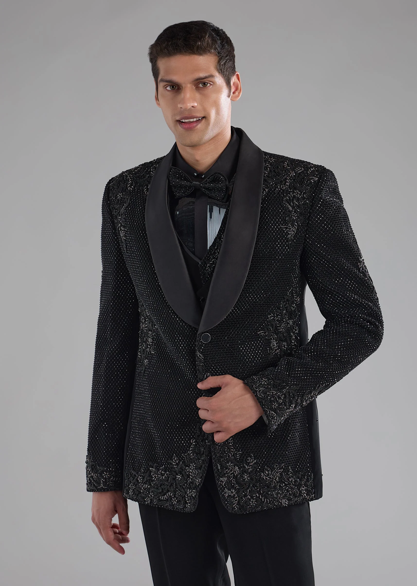 Black Resham Work Tuxedo and Waist Coat Set
