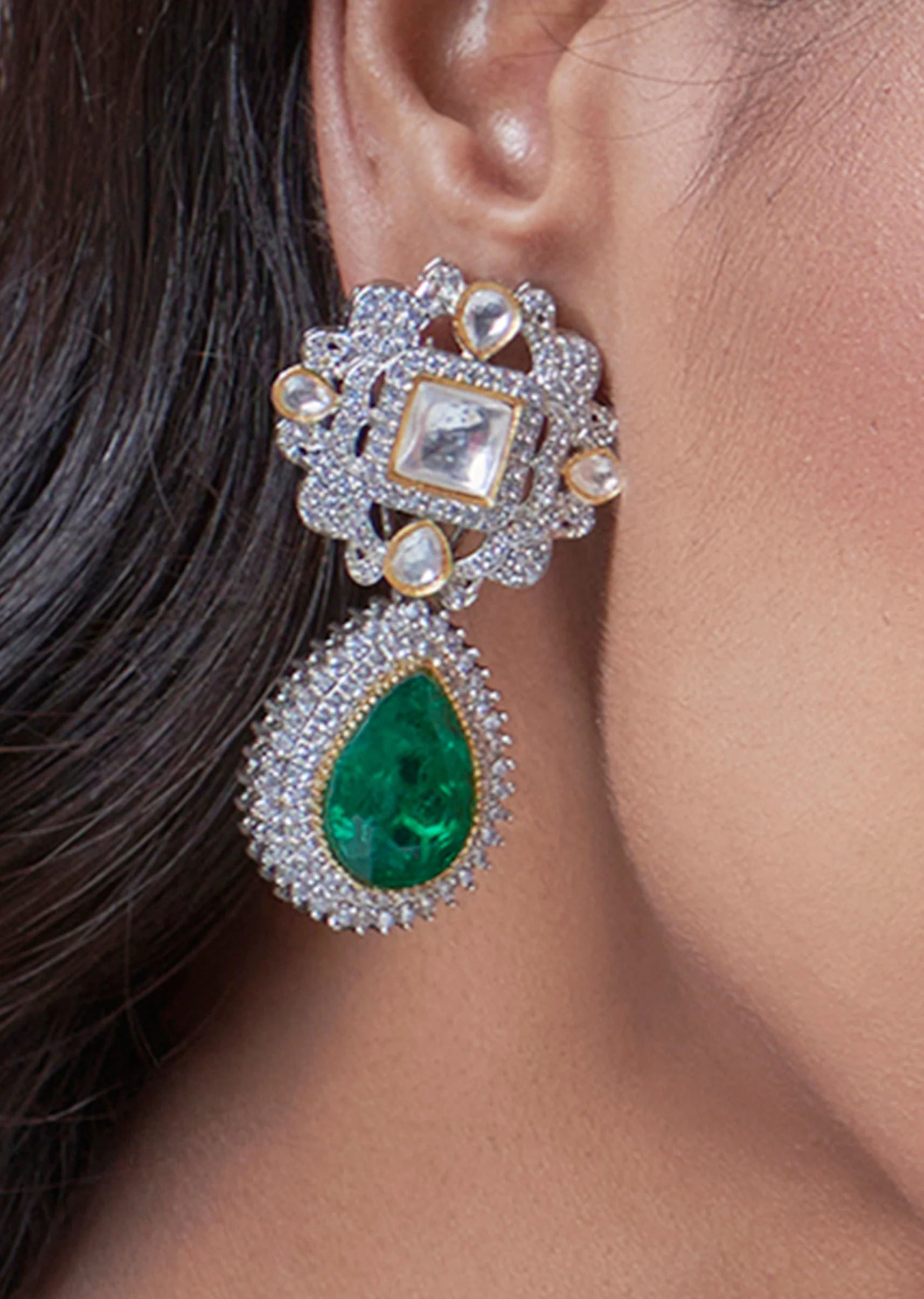 Black Rhodium Finish Kundan Polki And Zircon Dangler Earrings - Image 2