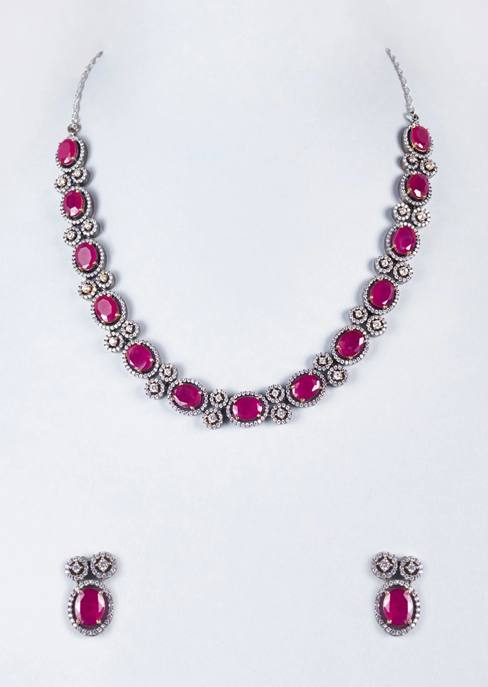Black Rhodium Finish Red And White Zircon Necklace Set