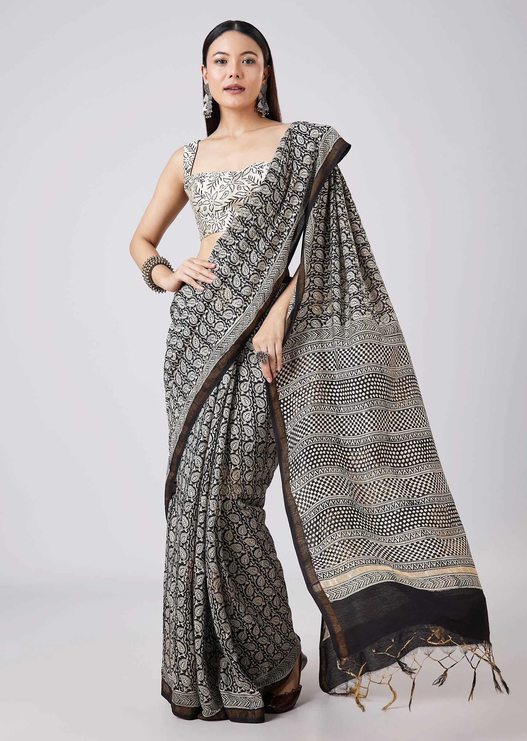 Black Saree with Hand Painted Floral Motif and Blouse