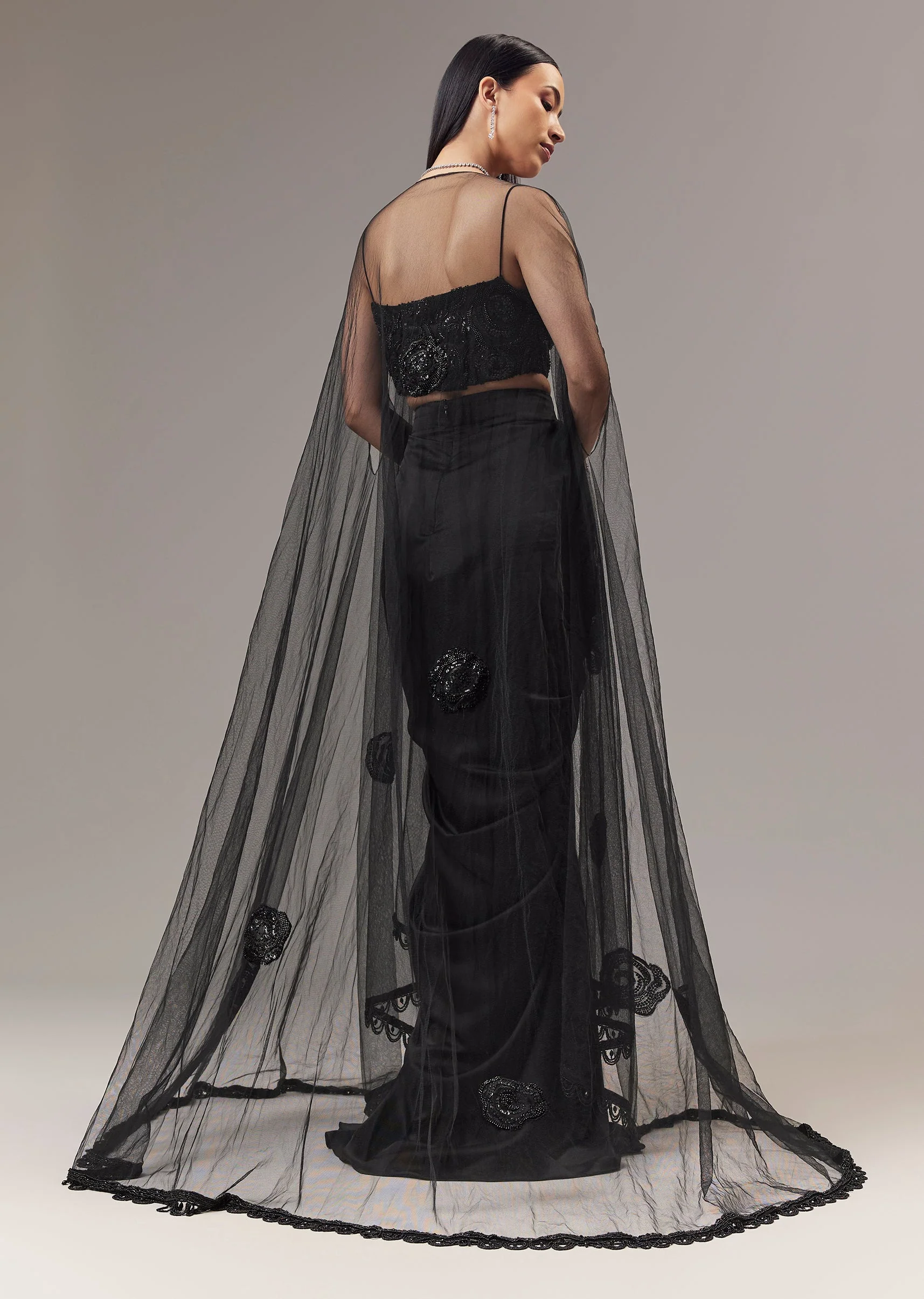 Black Satin Indo Western Crop Top And Draped Skirt Set With Cape - Image 2