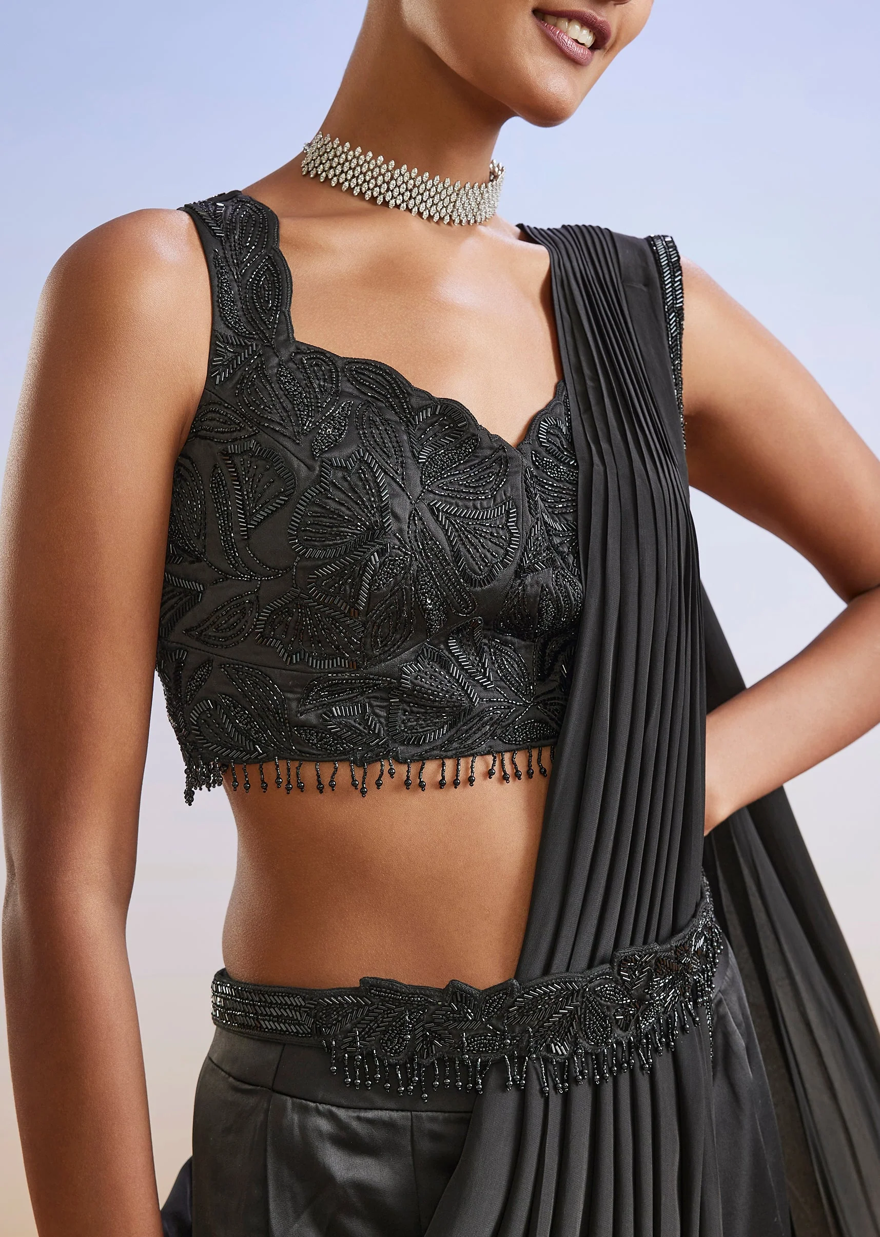 Black Satin Ready Pleated Saree With Embroidered Blouse And Belt - Image 2