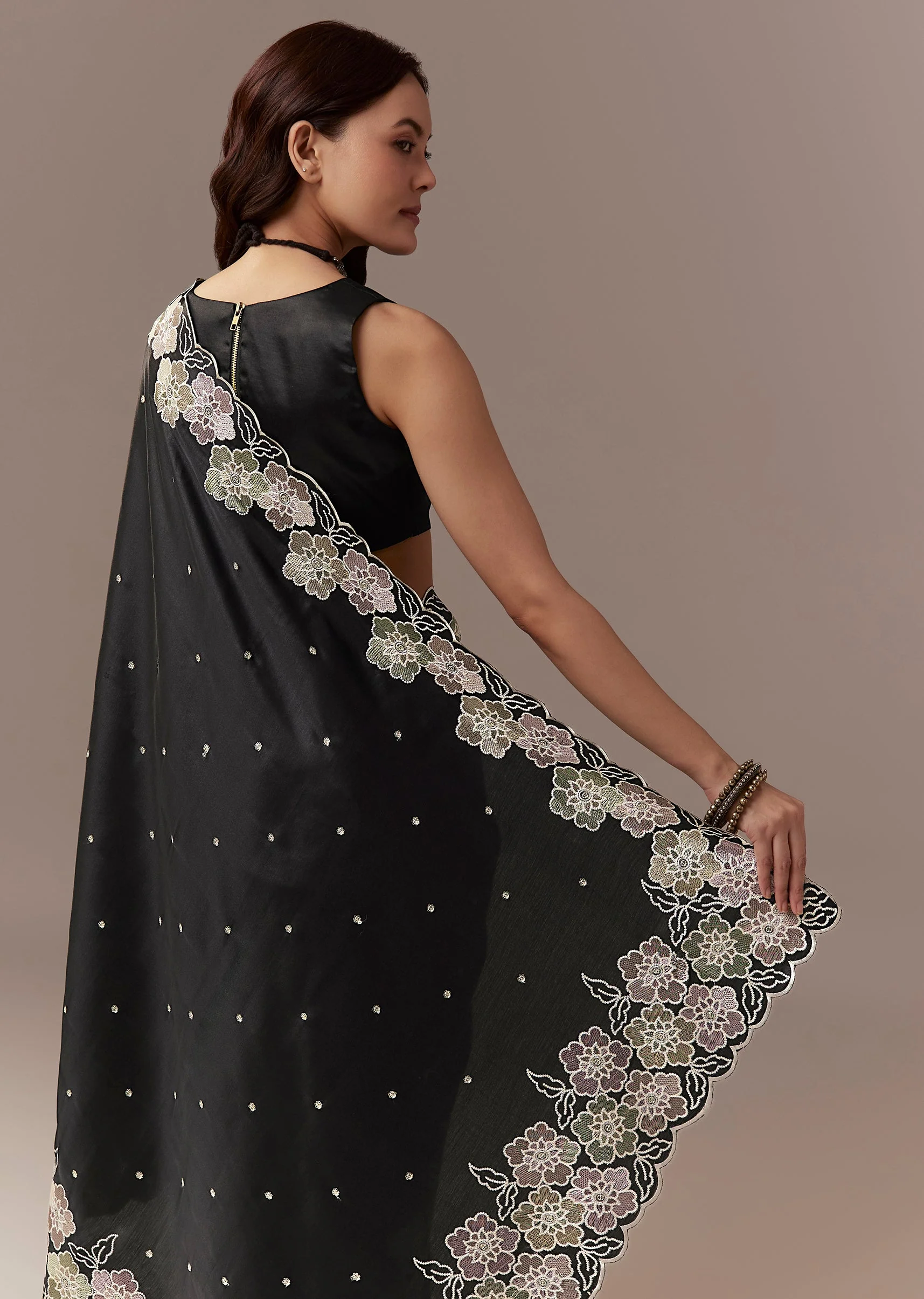 Black Satin Saree With Resham Thread Floral Embroidery - Image 6