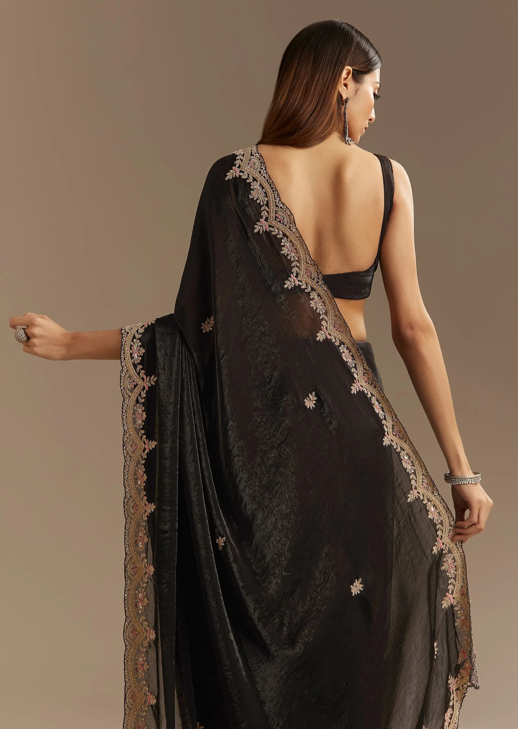 Black Satin Saree With Zardosi Sequins And Scallop Border - Image 6