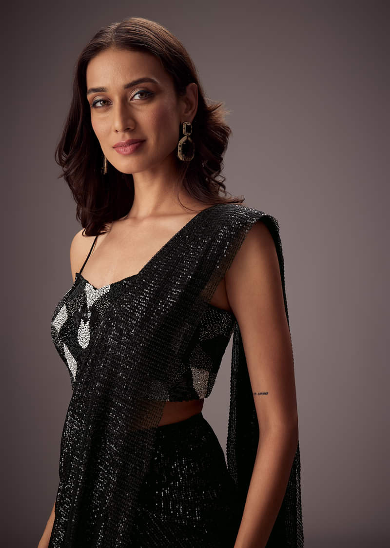 Black Shimmer Saree With Richly Hand Embroidered Blouse - Image 3