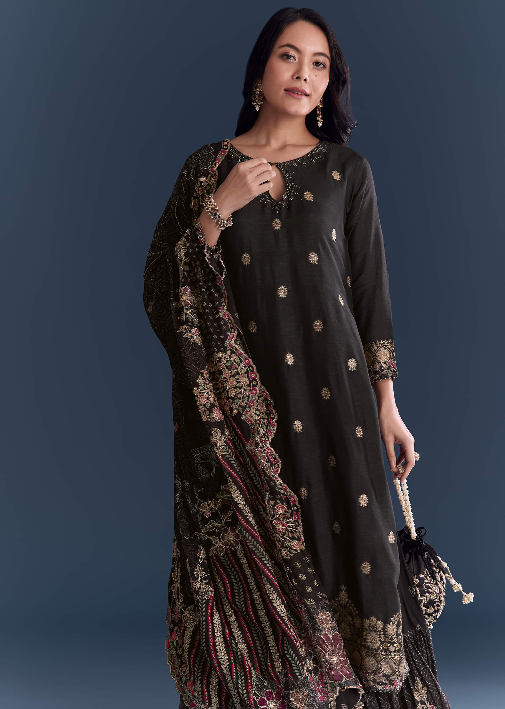 Black Silk Anarkali Suit With Zari Butti And Floral Print - Image 2