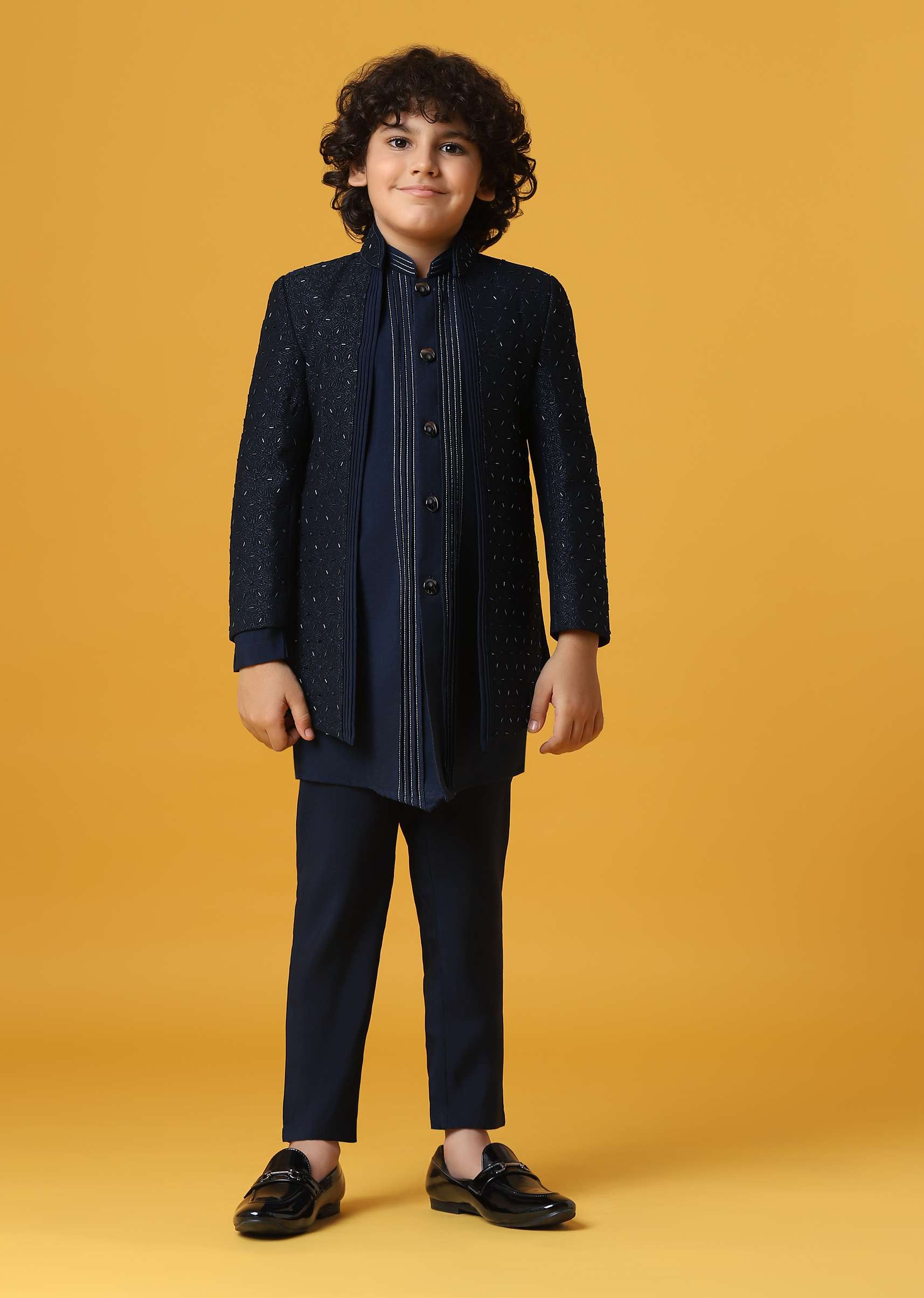 Black Silk Embroidered Sherwani Set for Boys - Image 2