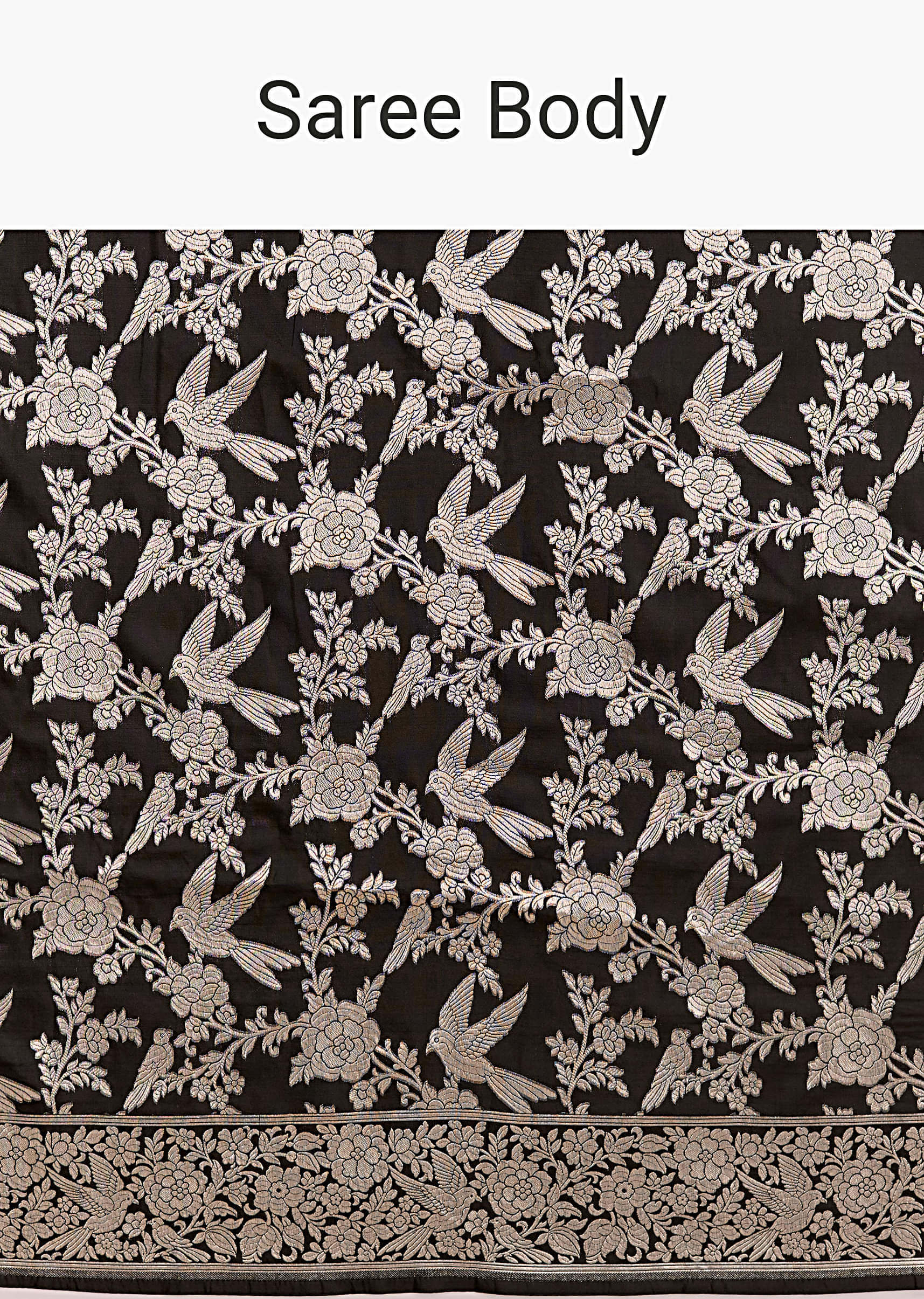 Black Silk Handwoven Banarasi Saree With Floral Zari Jaal Work - Image 9