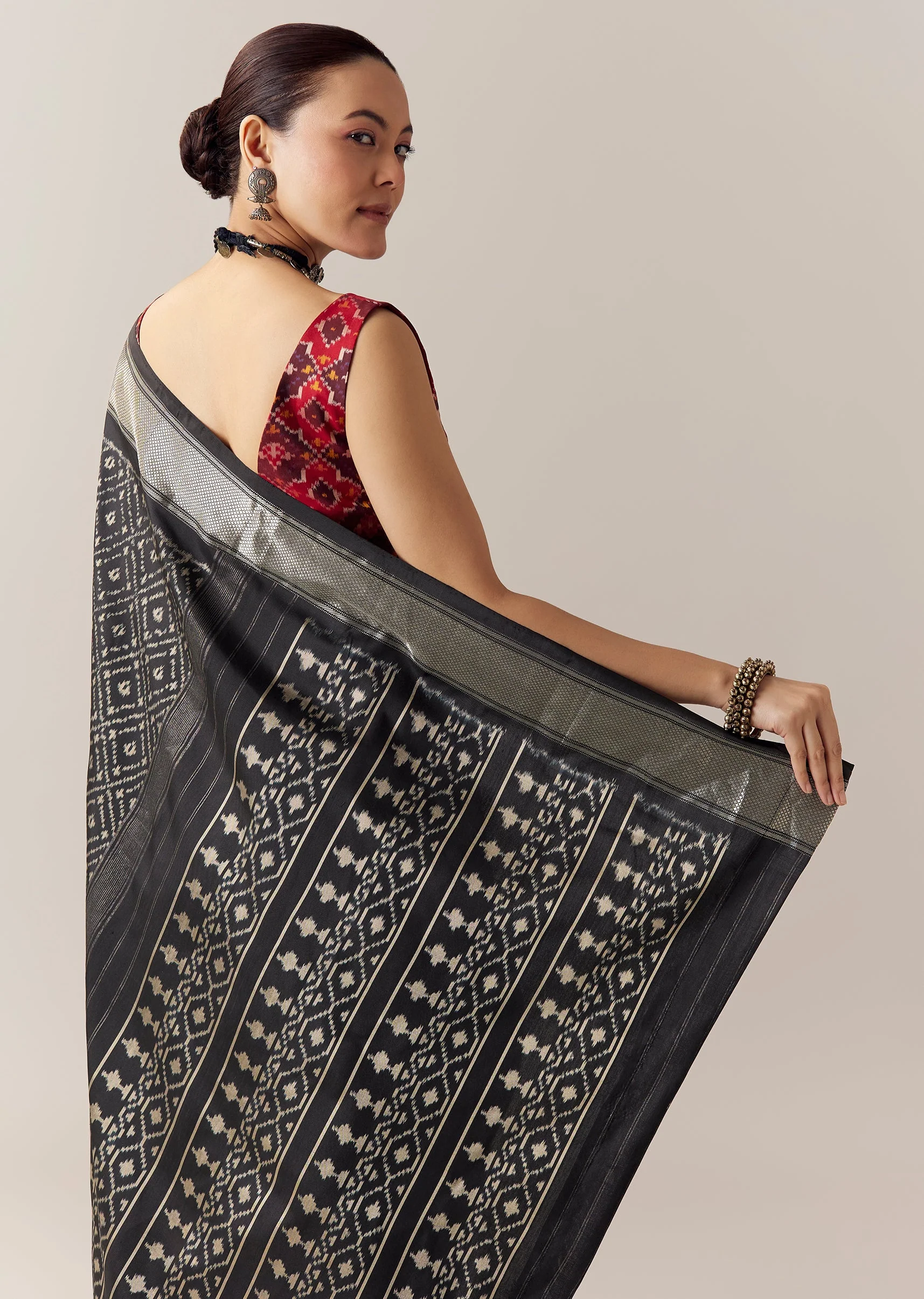 Black Silk Ikkat Weave Saree with Unstitched Blouse - Image 6