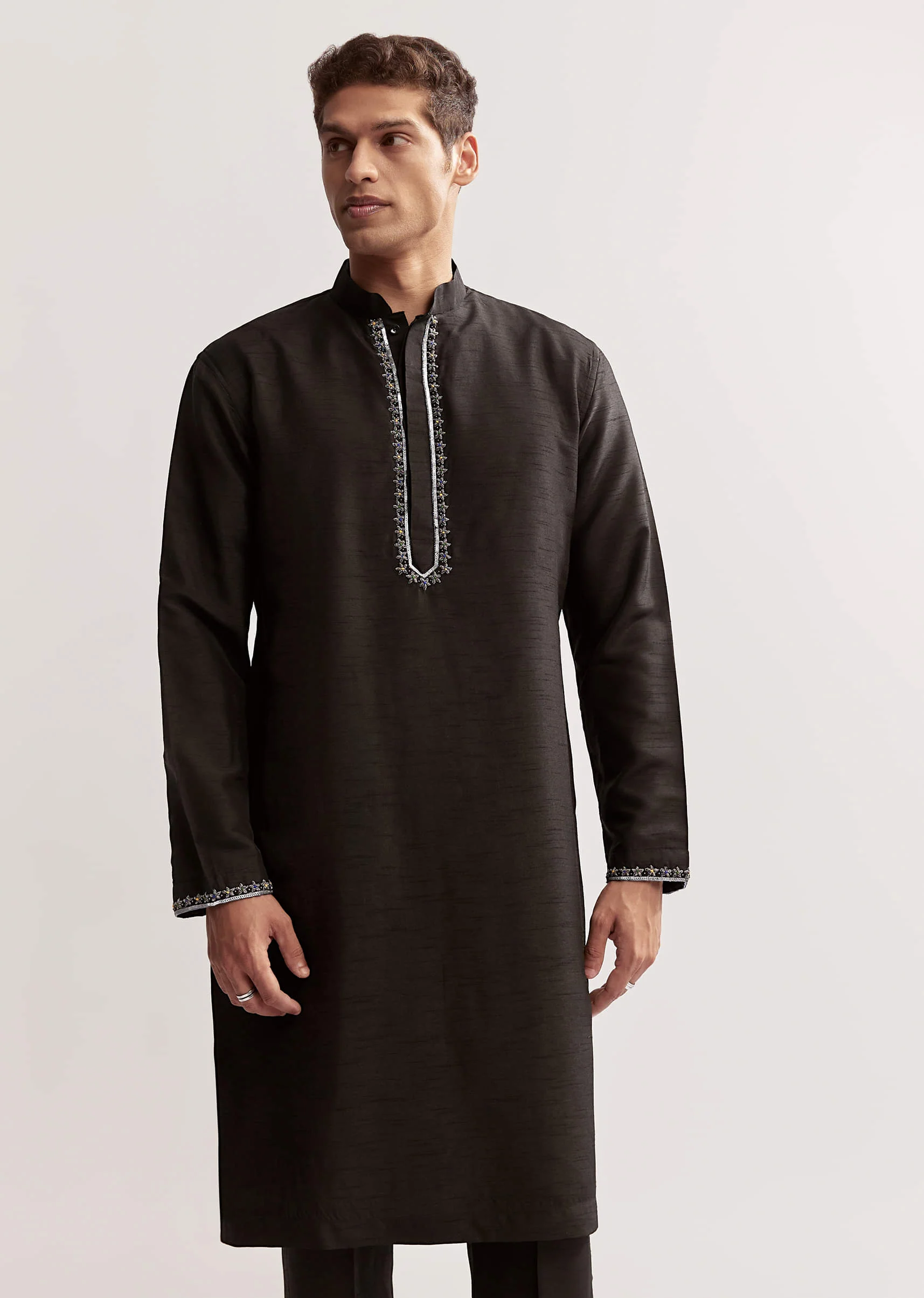 Black Silk Kurta Jacket Set For Men With Zardosi Embroidery - Image 6