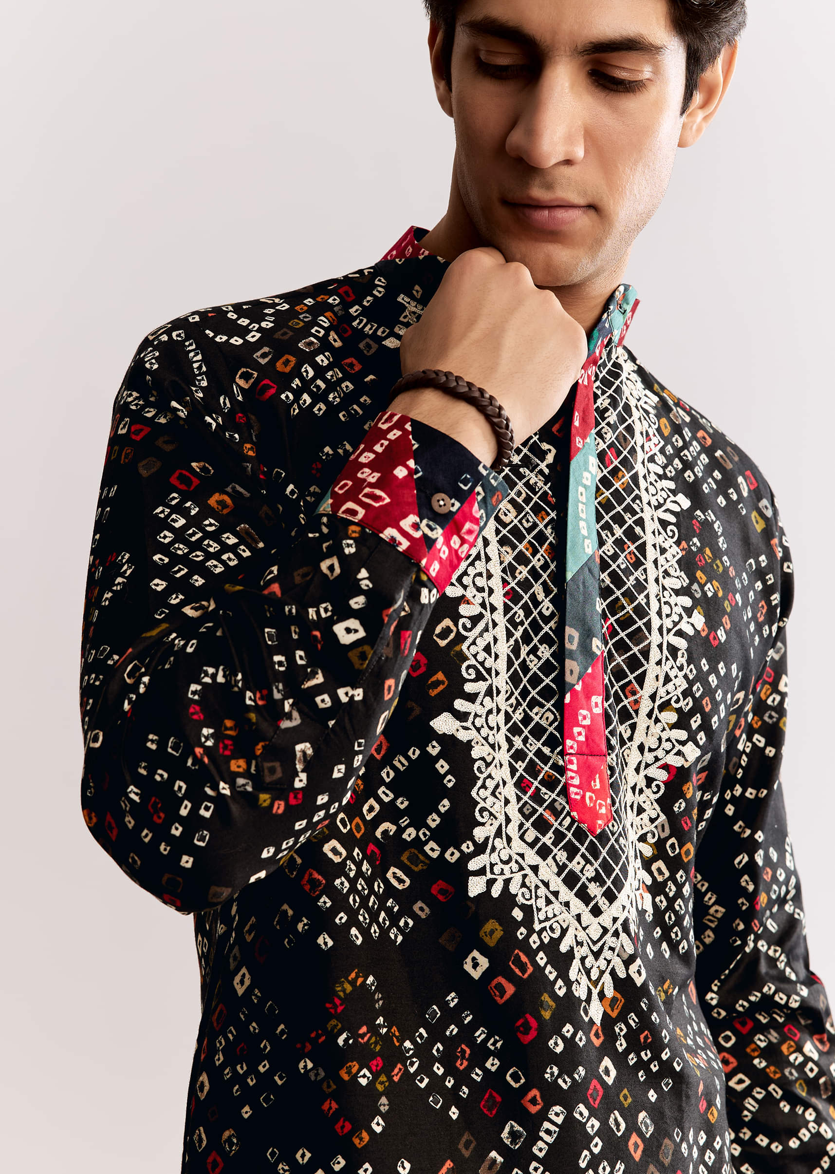 Black Silk Kurta Set With Bandhani Print - Image 2