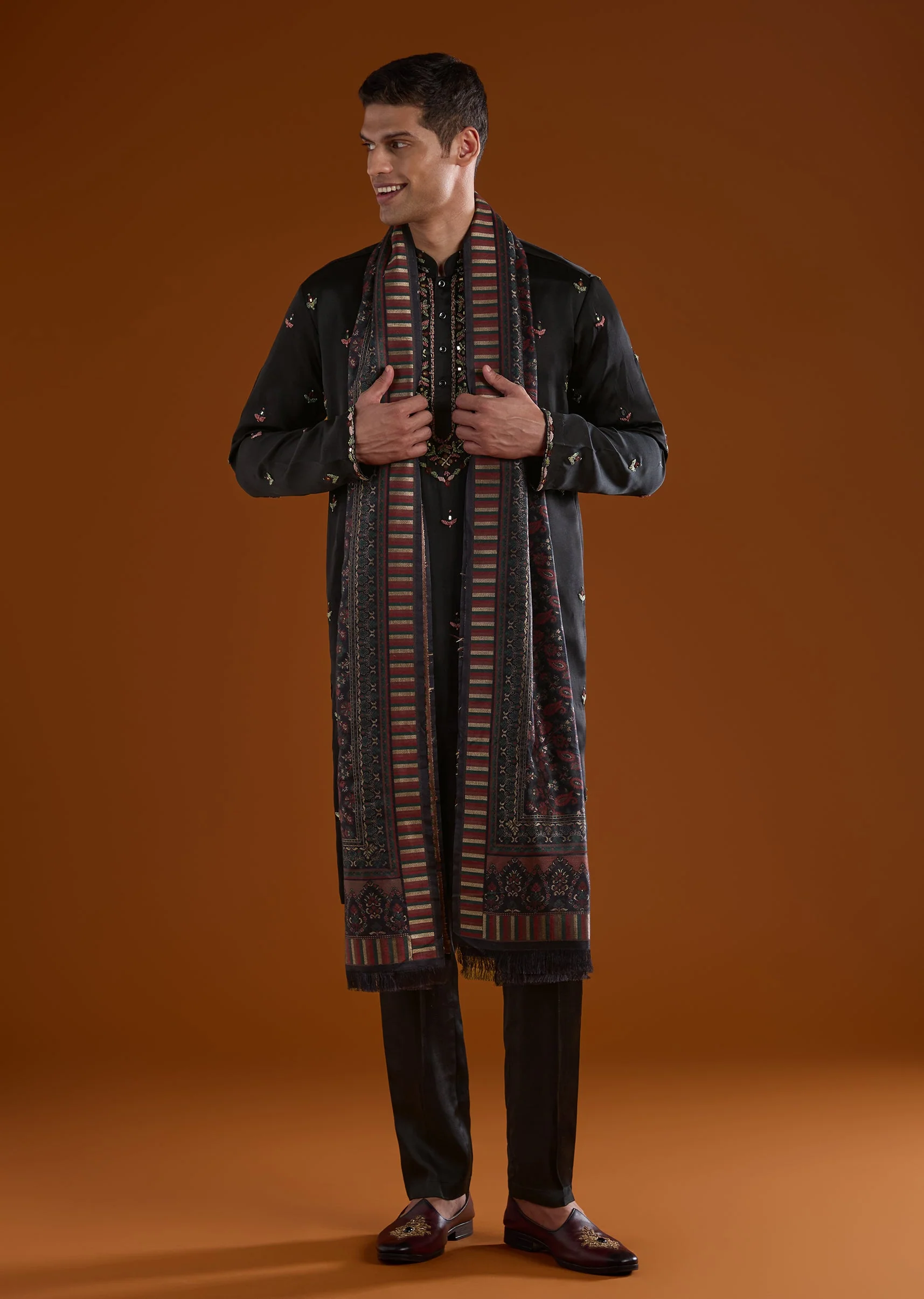 Black Silk Kurta Set With Dupatta And Thread And Mirror Work