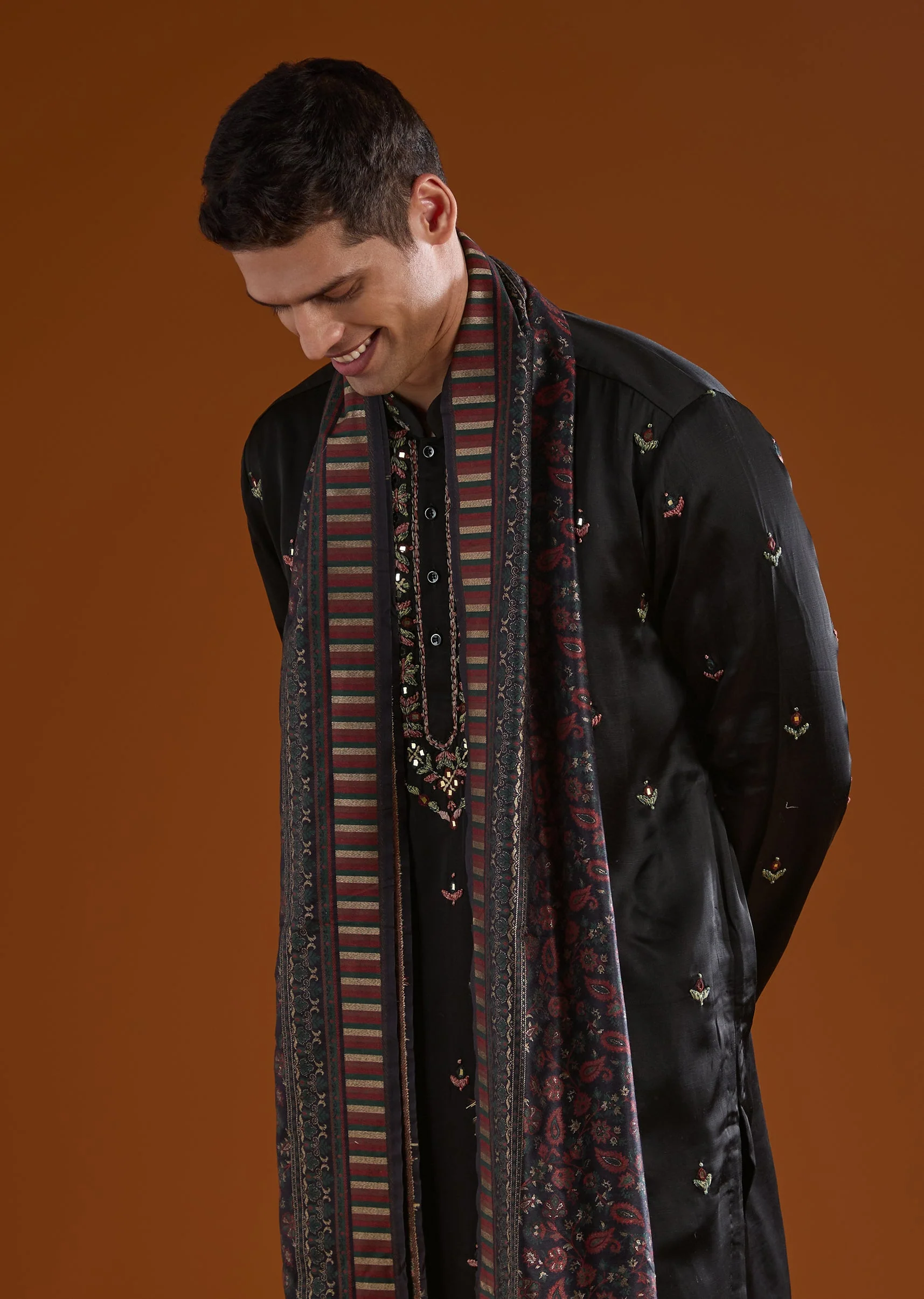 Black Silk Kurta Set With Dupatta And Thread And Mirror Work - Image 2