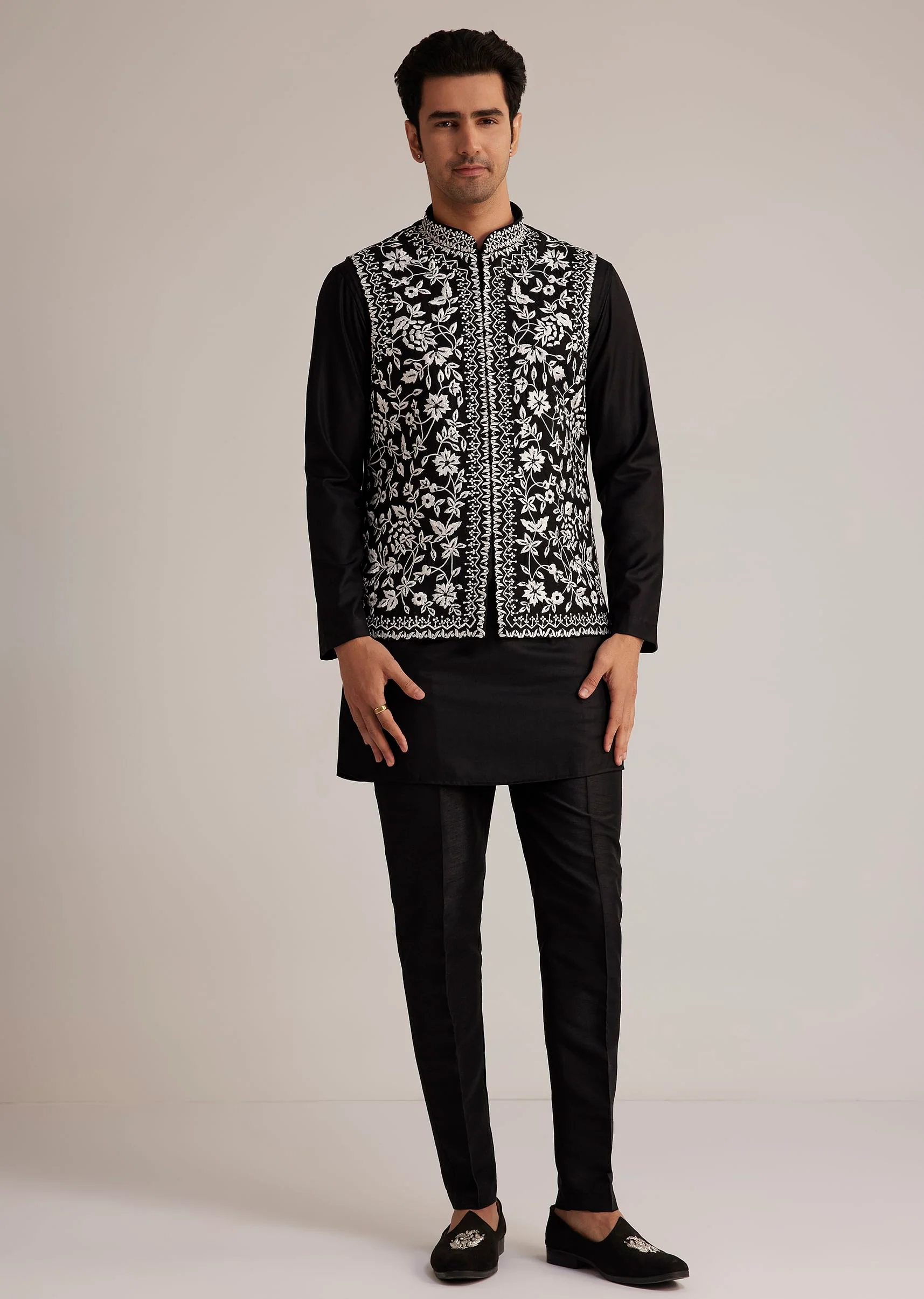 Black Silk Kurta Set With Embroidered Nehru Jacket - Image 4