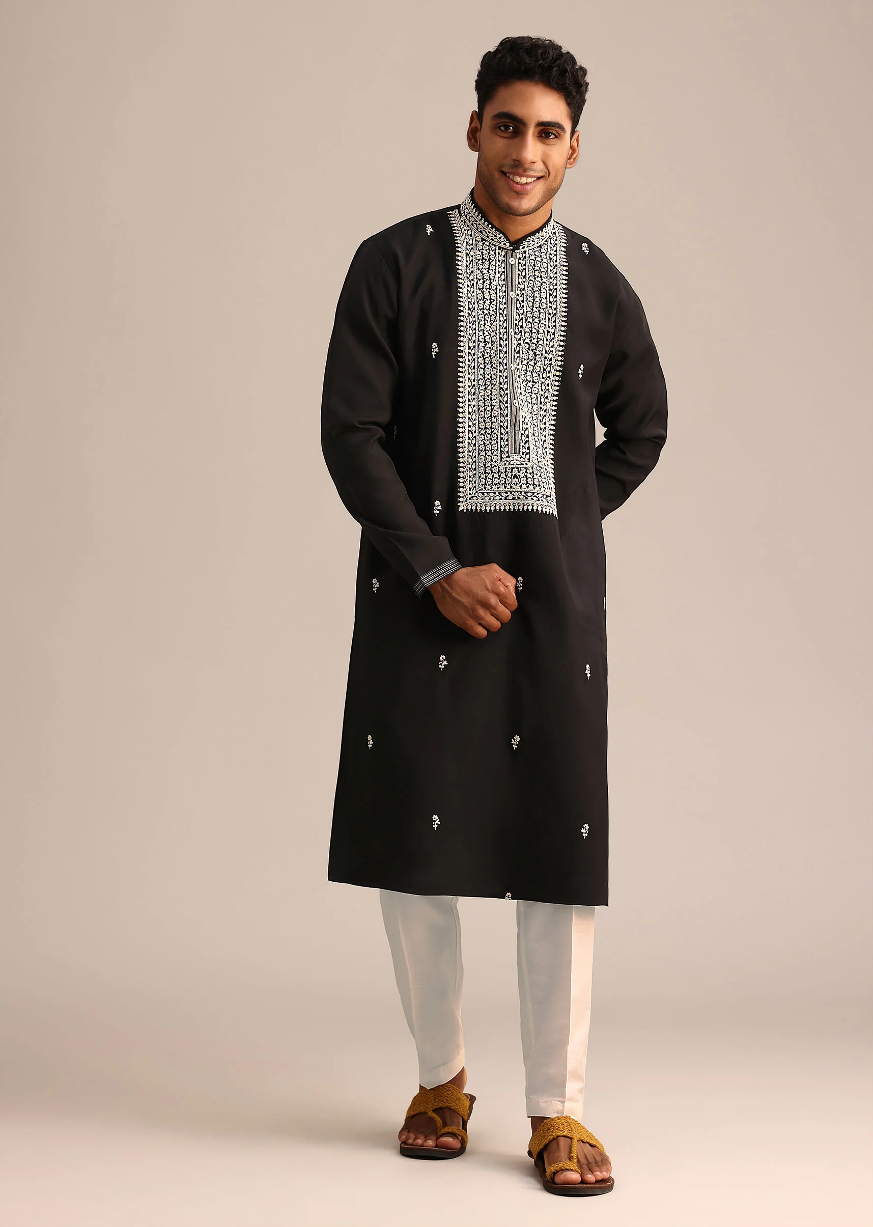 Black Silk Mandarin Collar Kurta Set With Embroidered Yoke - Image 3