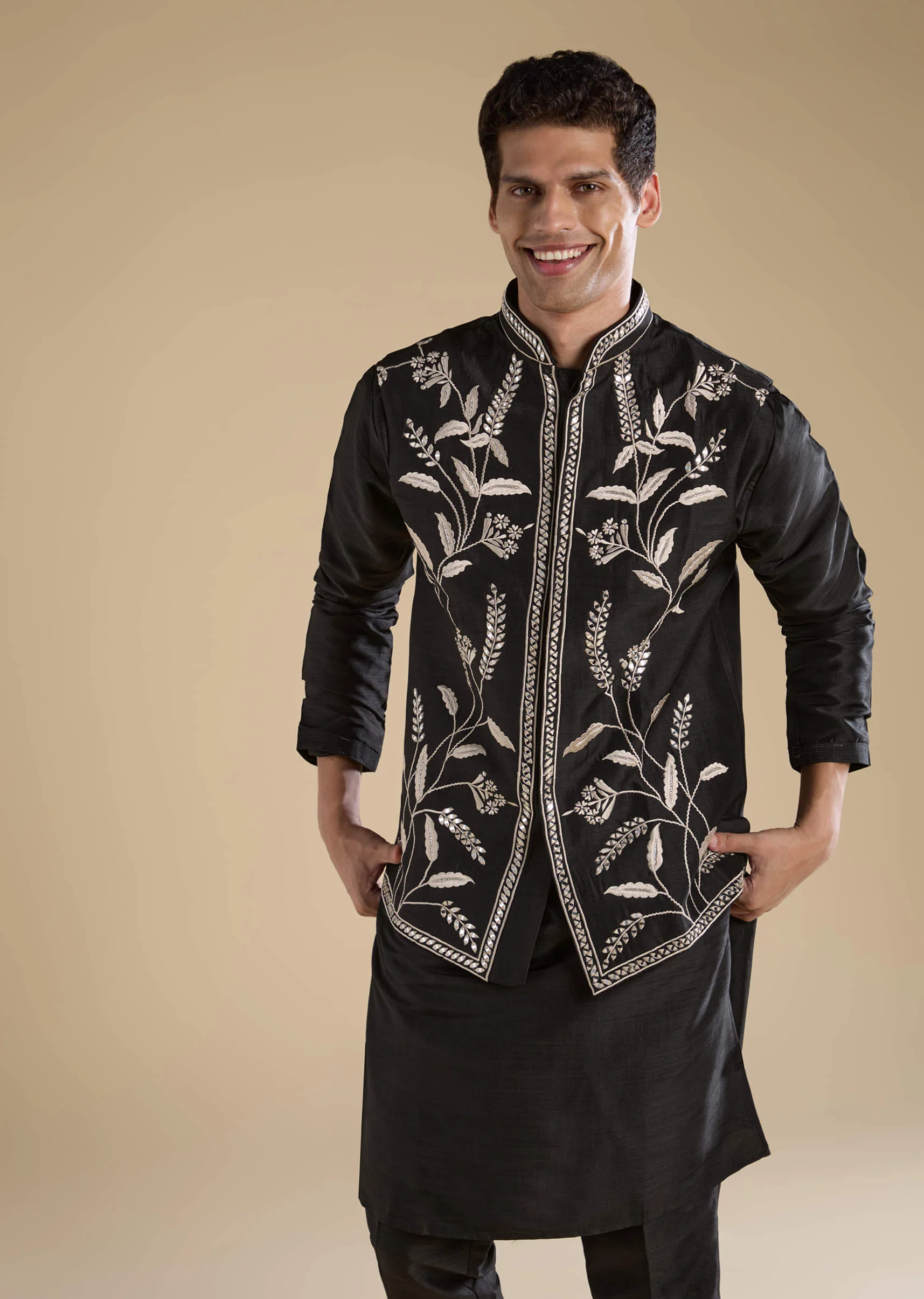 Black Silk Mirror Work Mens Jacket Kurta and Pant Set - Image 3