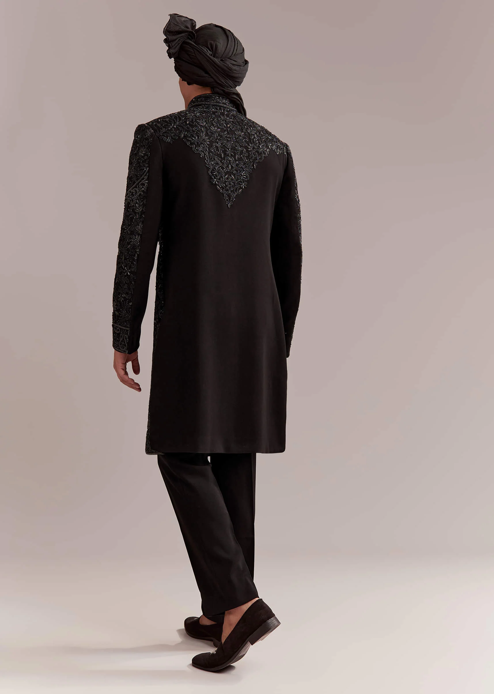 Black Silk Sherwani For Groom With Intricate Embroidery - Image 5