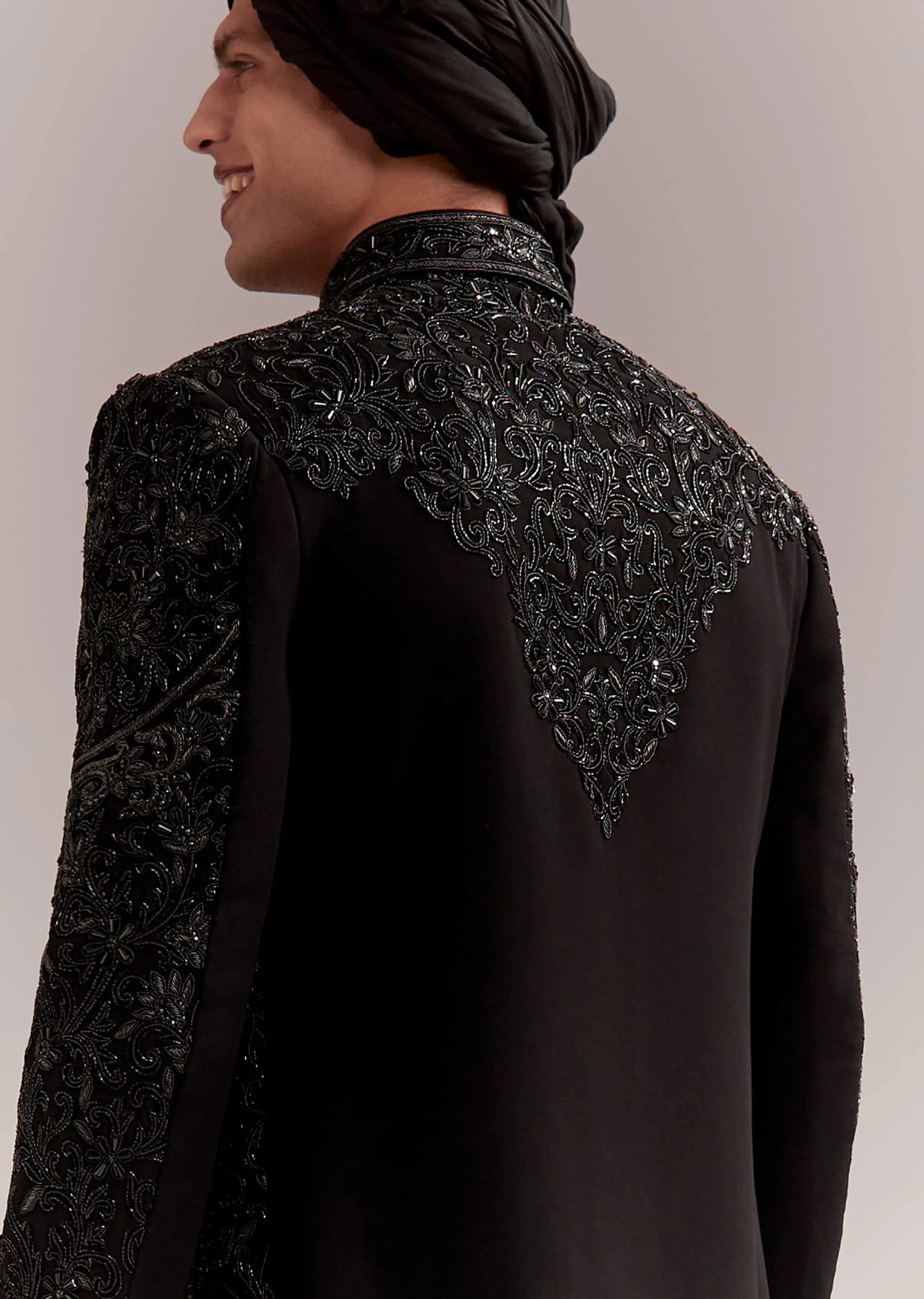 Black Silk Sherwani For Groom With Intricate Embroidery - Image 6