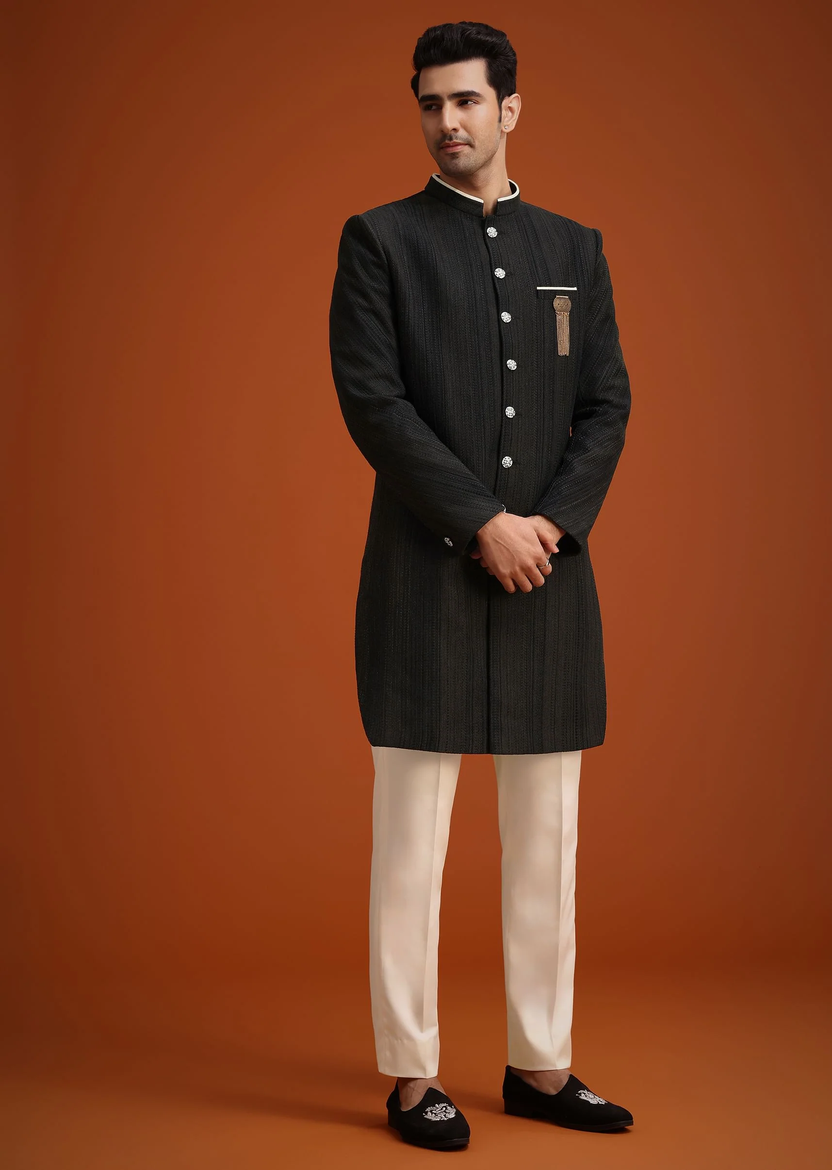 Black Silk Sherwani Set - Image 4