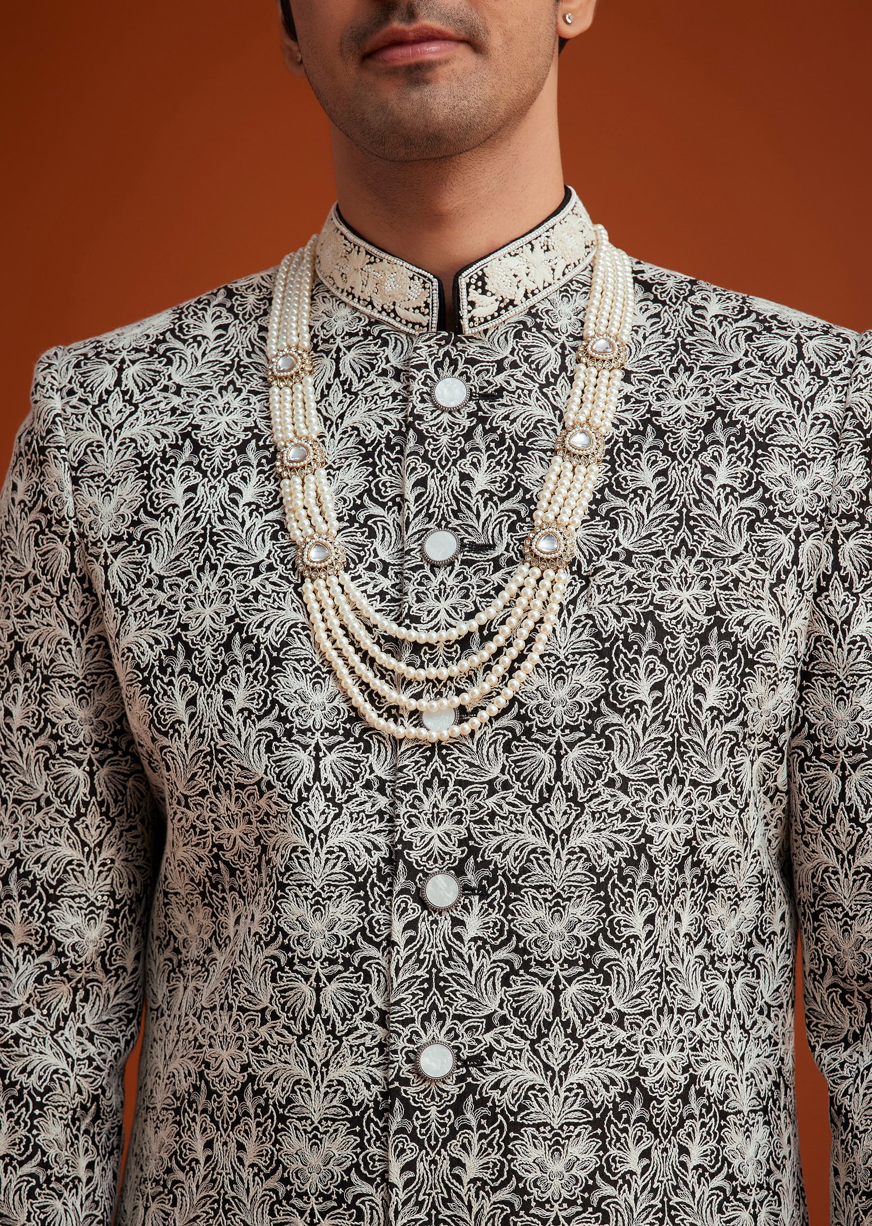 Black Silk Sherwani Set With Bead Work And Embroidery - Image 2