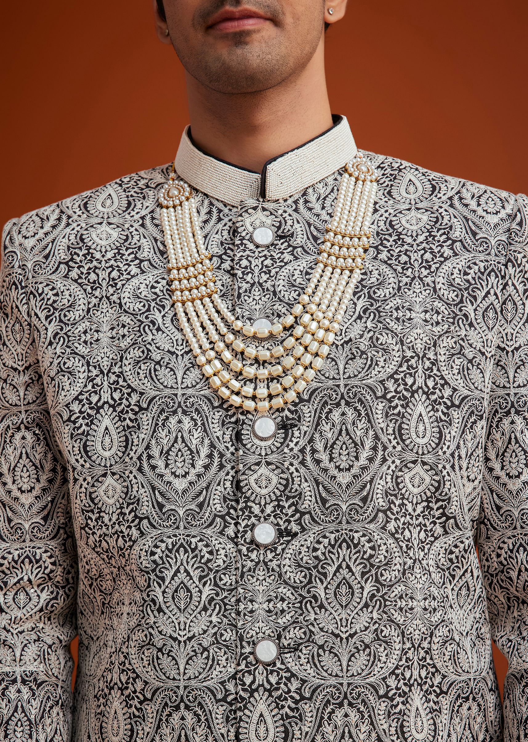 Black Silk Sherwani Set With Embroidery And Bead Work - Image 2