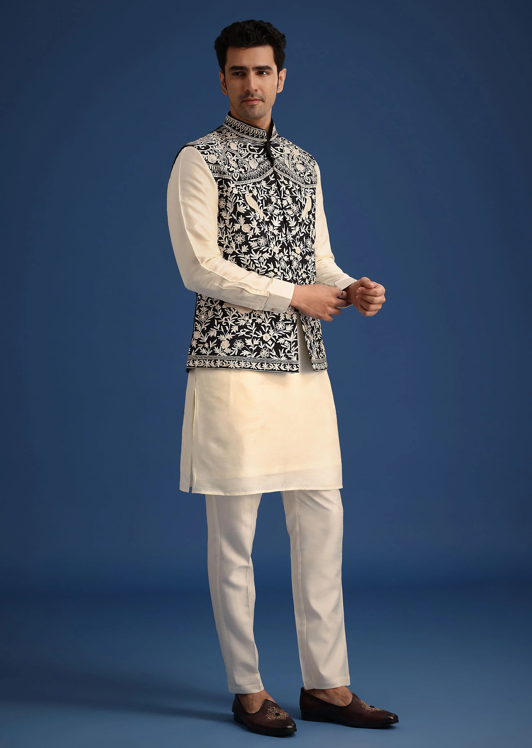 Black Silk Thread Work Jacket And Kurta Set - Image 3