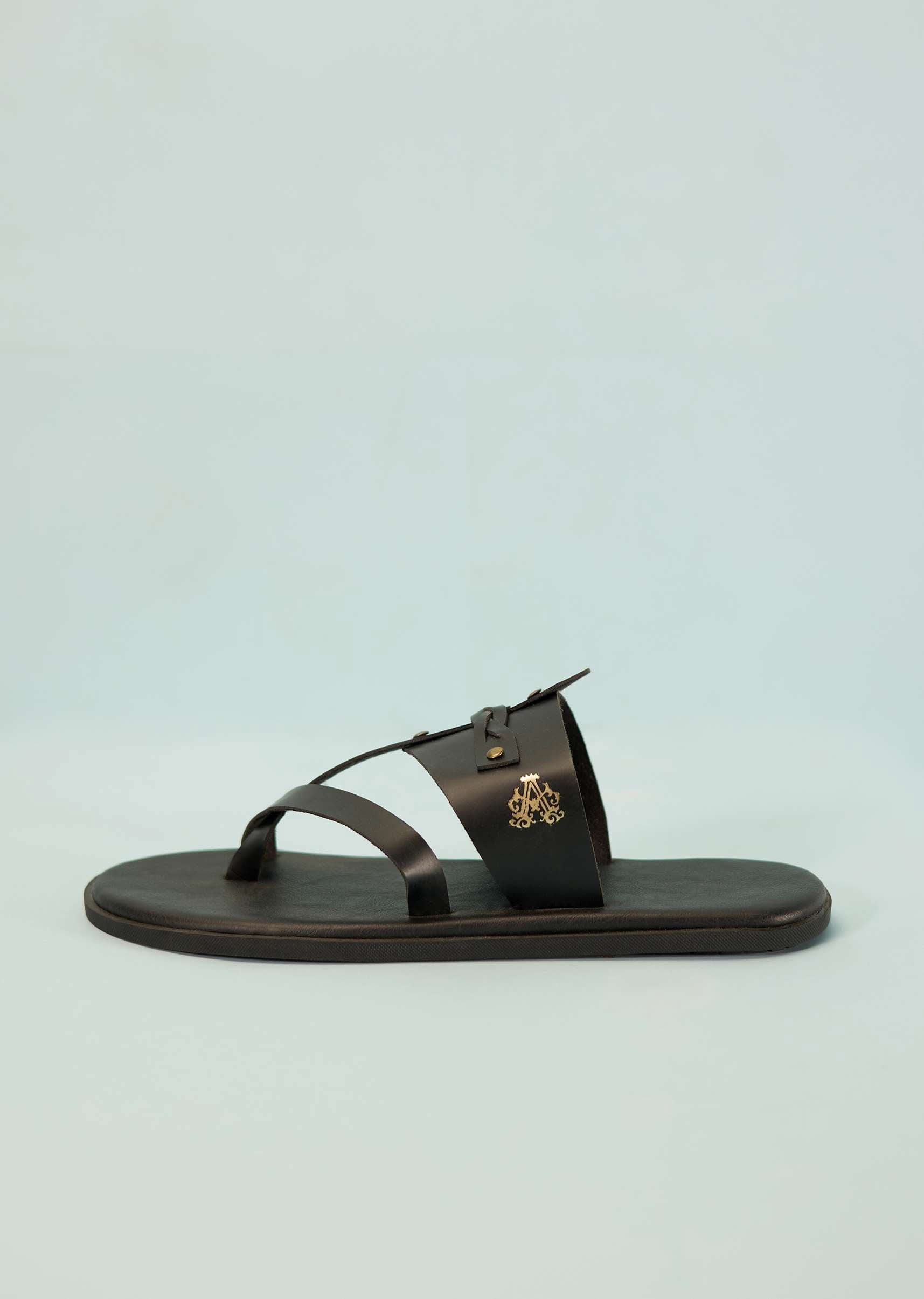 Black Strappy Slides For Men In Leather With Buttons - Image 3