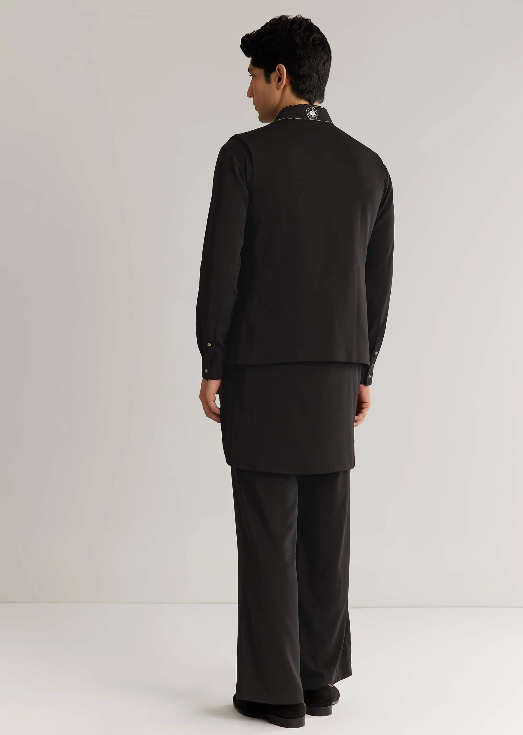 Black Suiting Cutdana Sequins Floral Kurta Jacket Set - Image 6