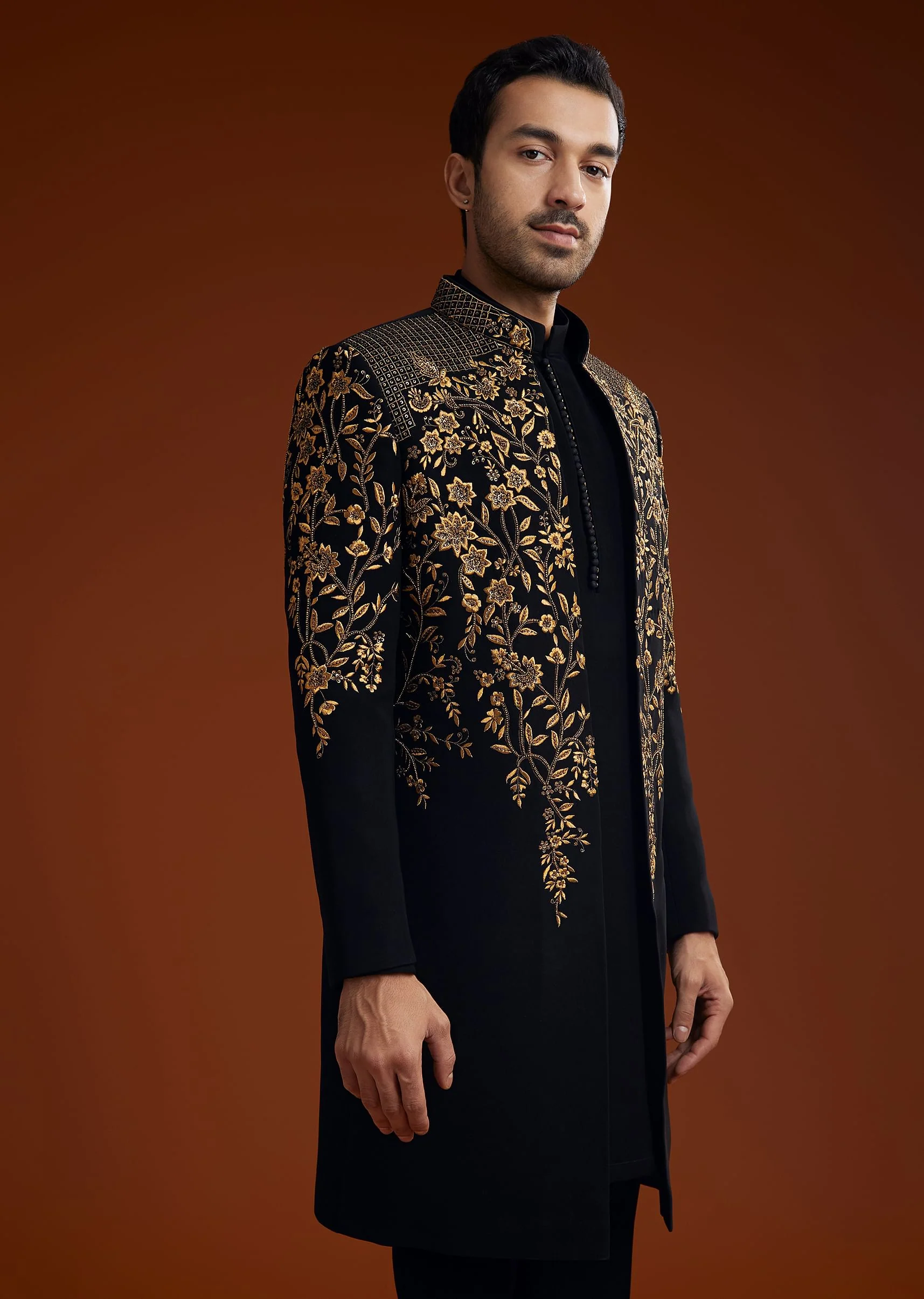 Black Suiting Indo Jacket Set With Zardosi Floral Embroidery - Image 4