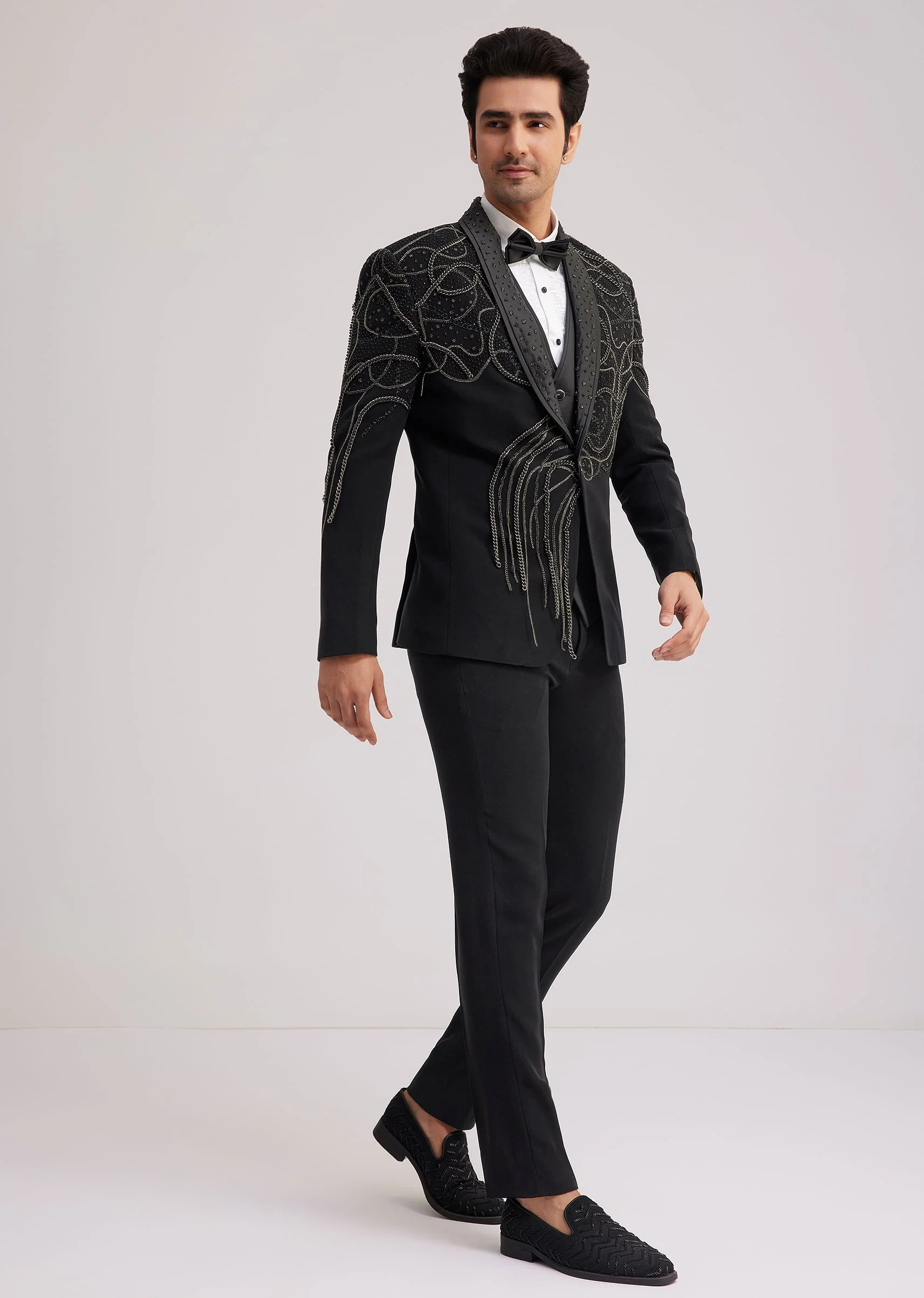 Black Suiting Tuxedo With Metallic Chain And Stone Work - Image 4