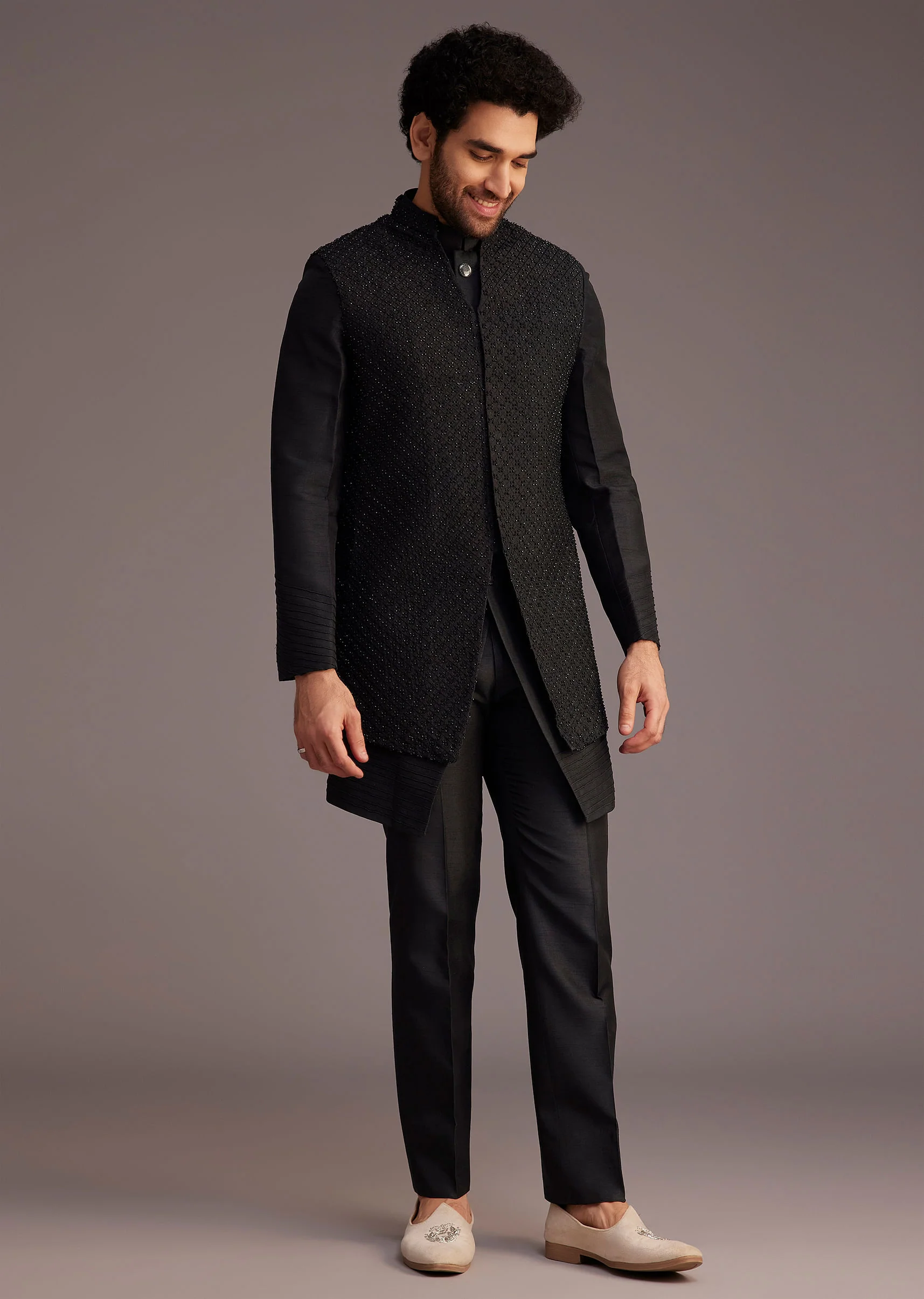 Black Textured Bandhgala With Embellished Full Sleeve Jacket - Image 3