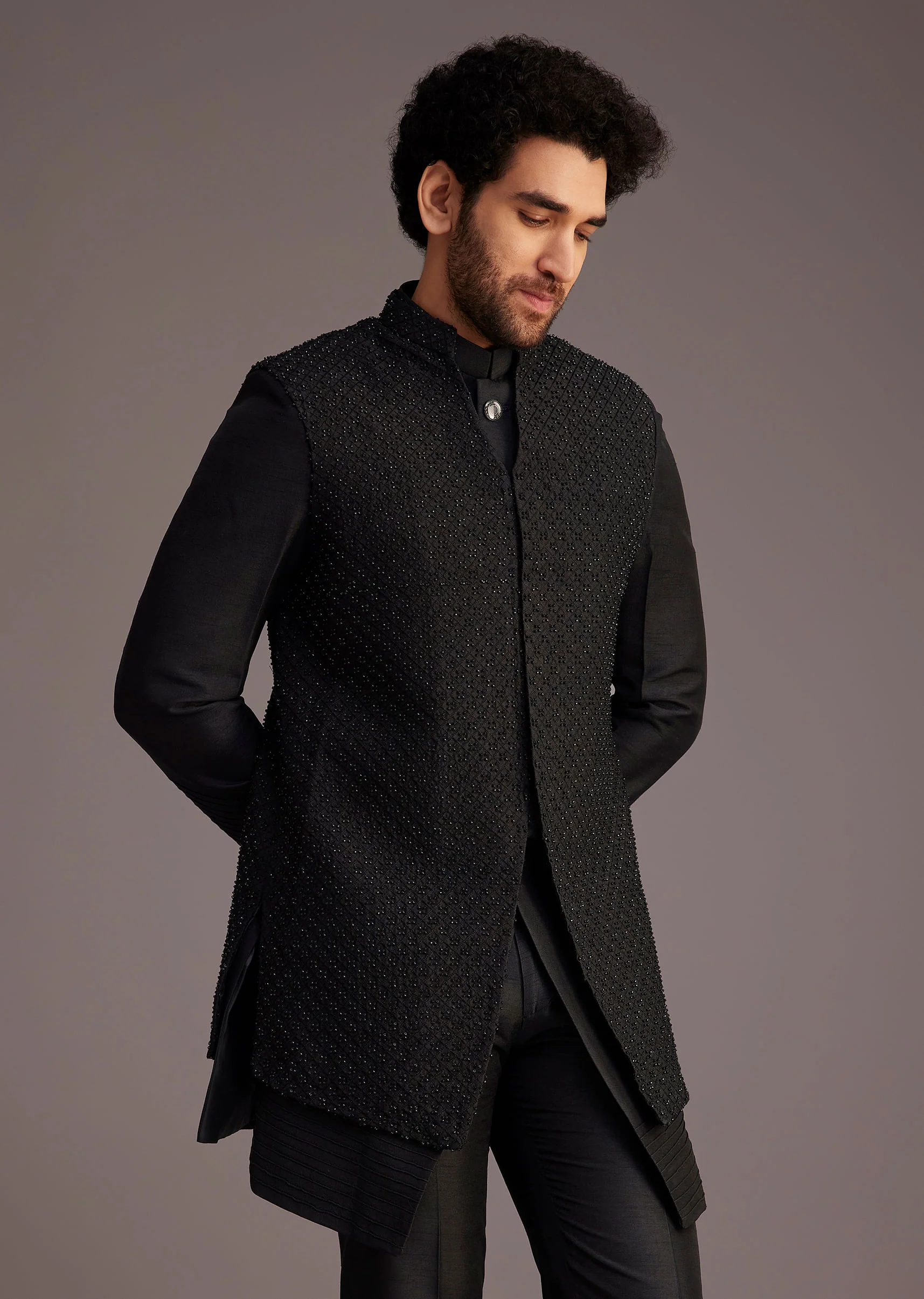 Black Textured Bandhgala With Embellished Full Sleeve Jacket - Image 4