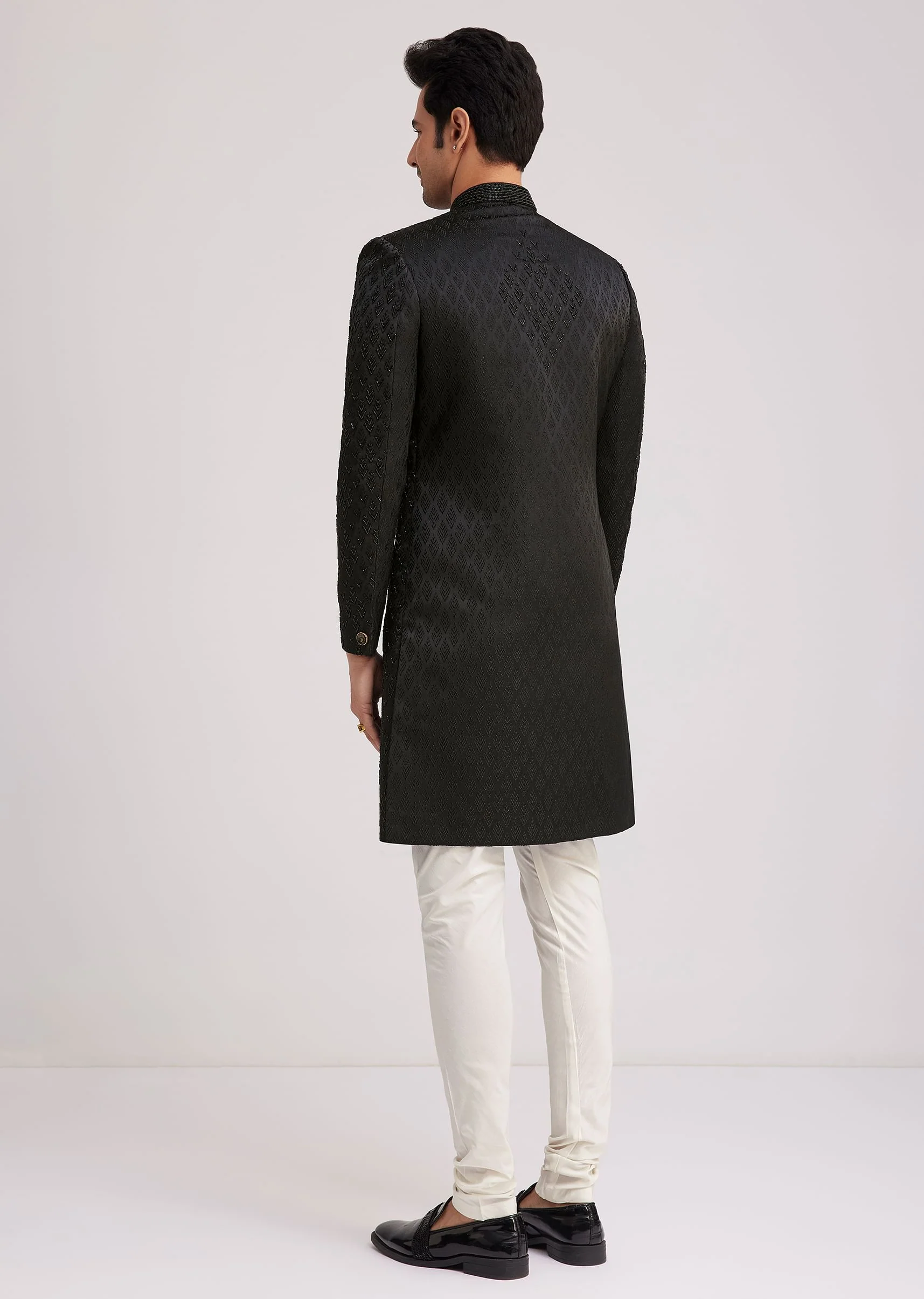 Black Textured Sherwani With Classic Button Detailing - Image 5