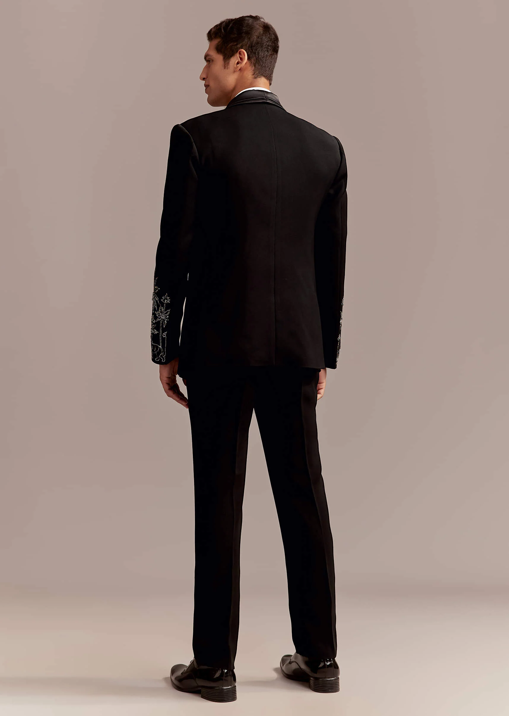 Black Tuxedo For Men With Silver Palm And Tiger Embroidery - Image 6