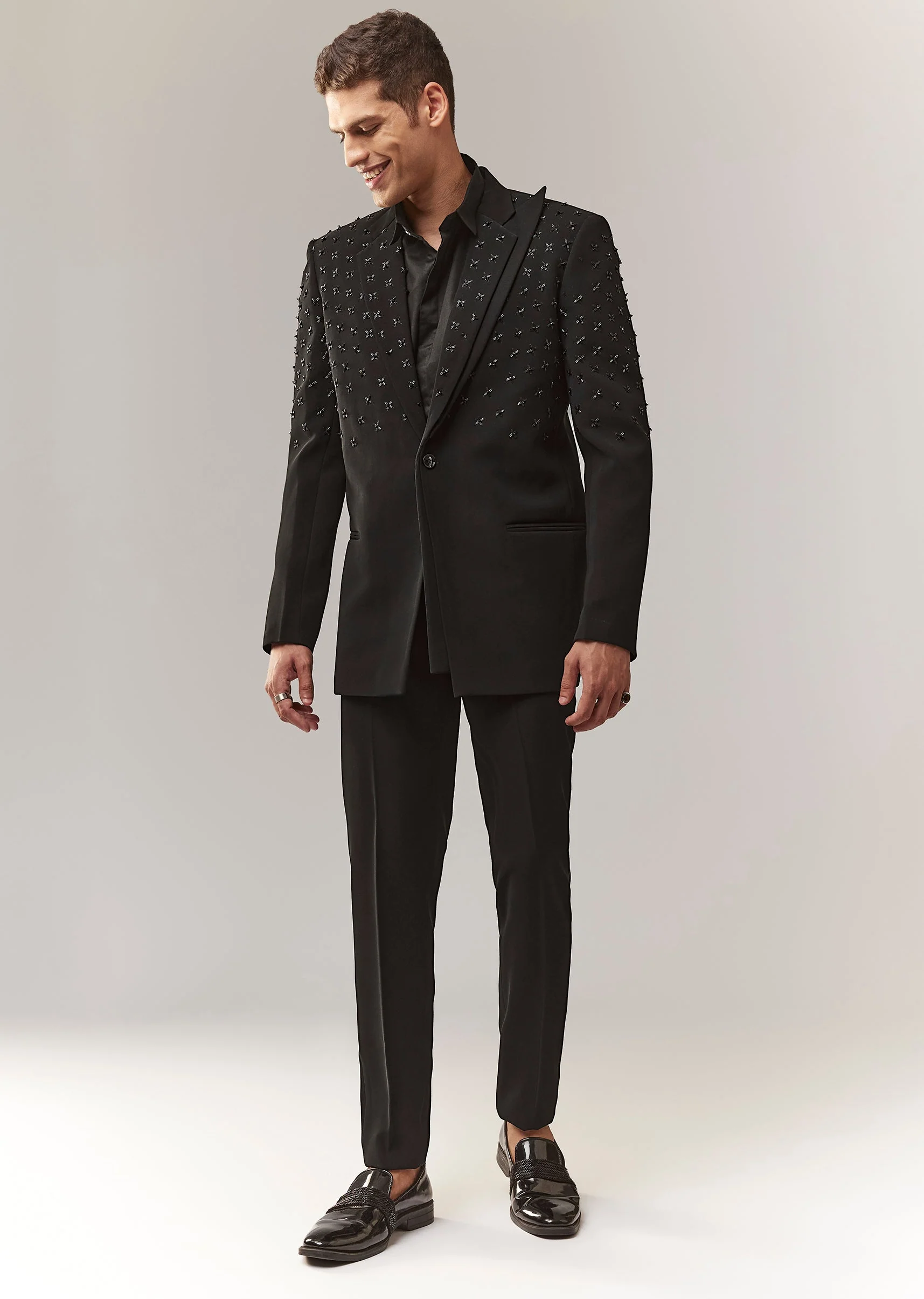 Black Tuxedo Set With Satin Organza Shirt And Cutdana Work - Image 4