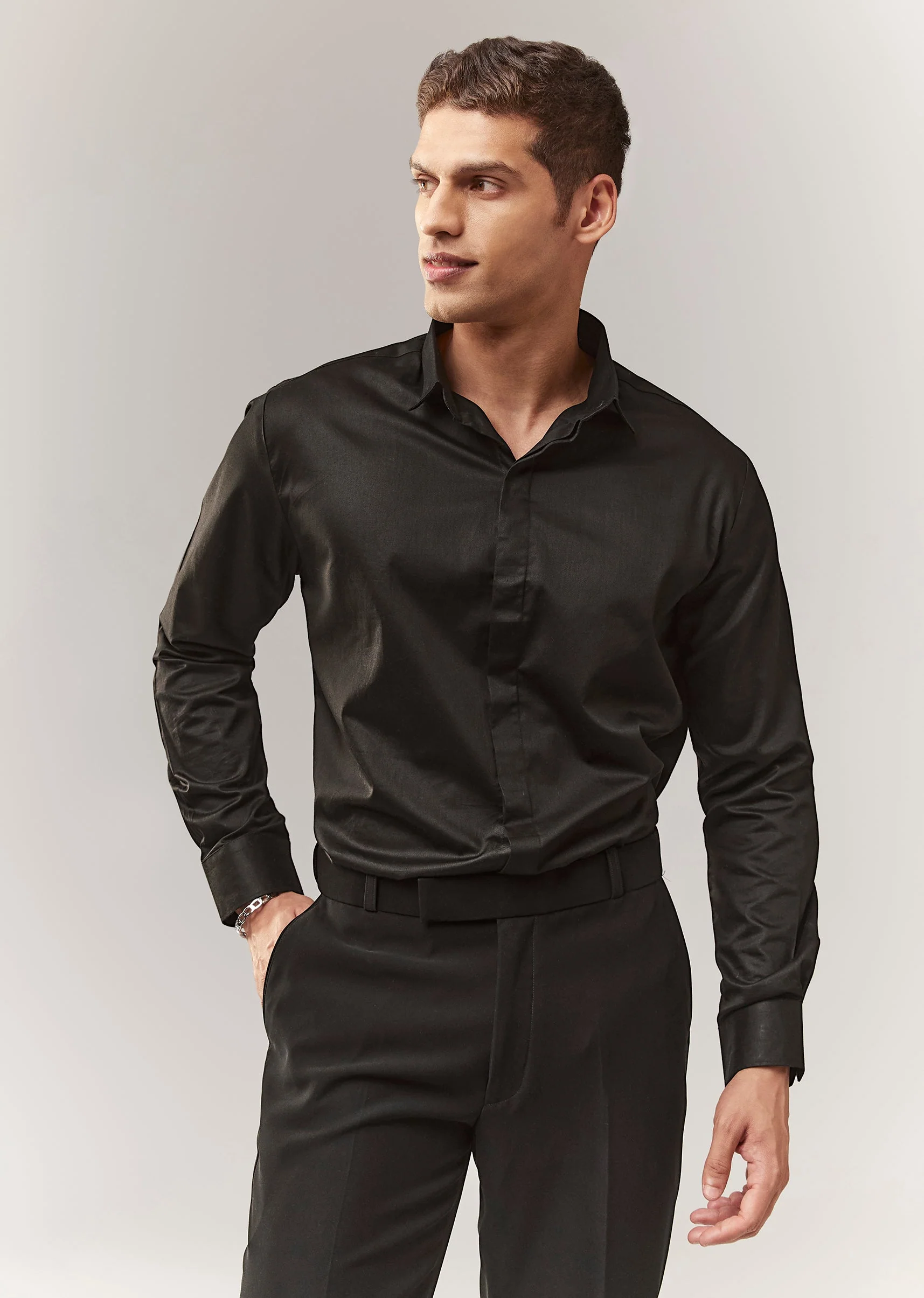 Black Tuxedo Set With Satin Organza Shirt And Cutdana Work - Image 6