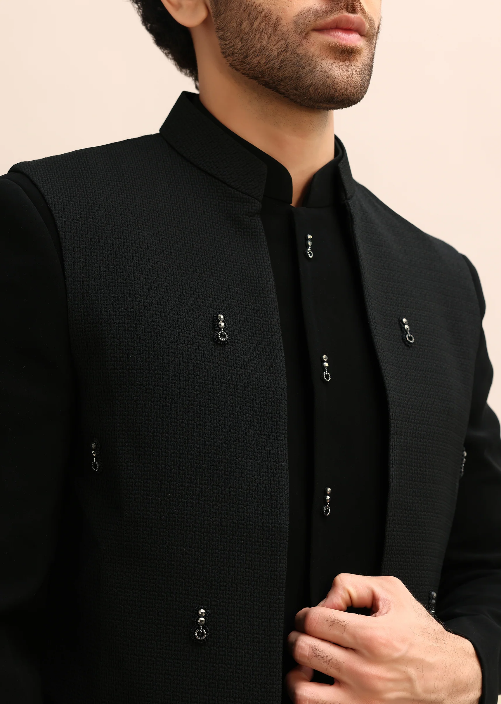 Black Velvet 3 Pc Jodhpuri Suit - Image 3
