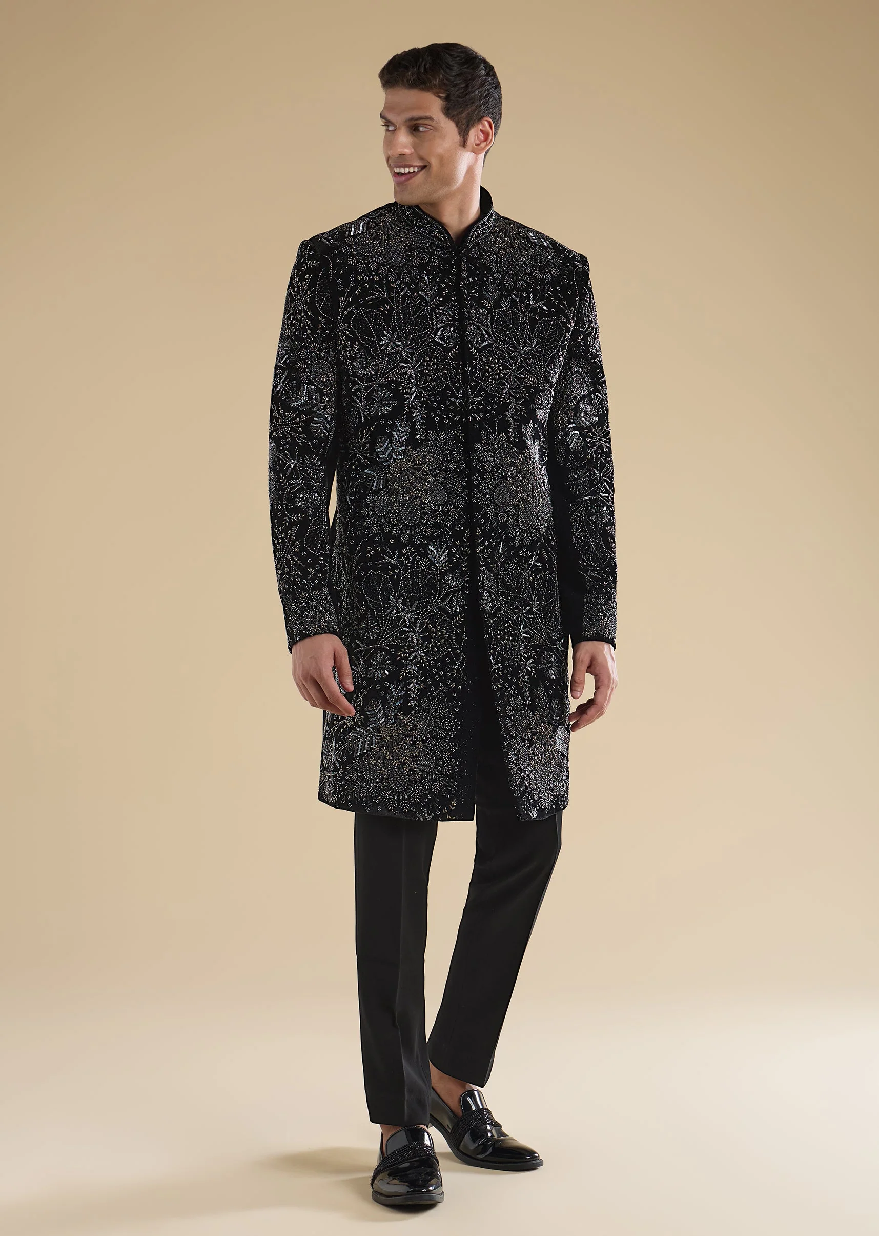 Black Velvet Embellished Indo Western Set - Image 4