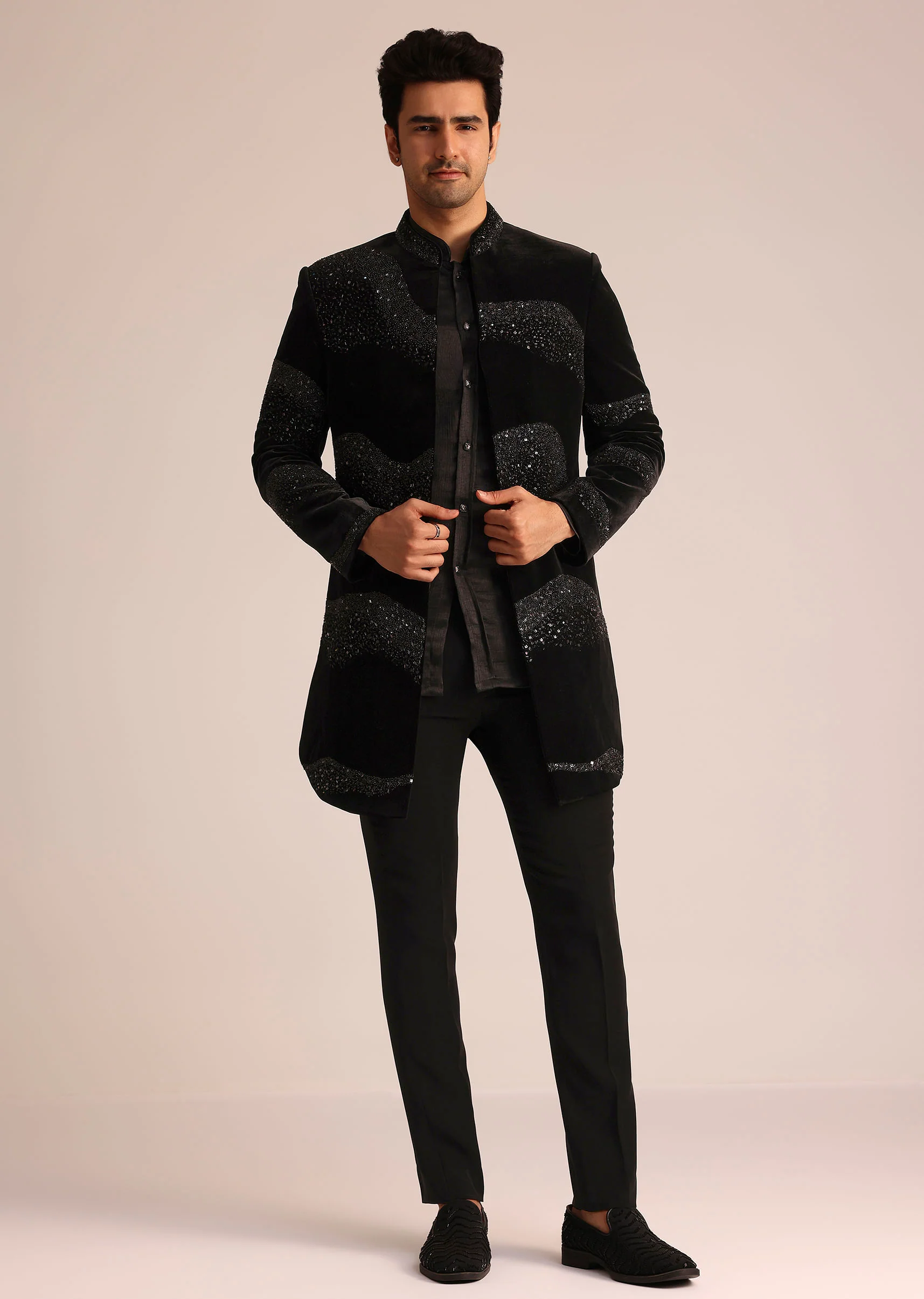 Black Velvet Indo Western Set With Zardosi Detailing - Image 4