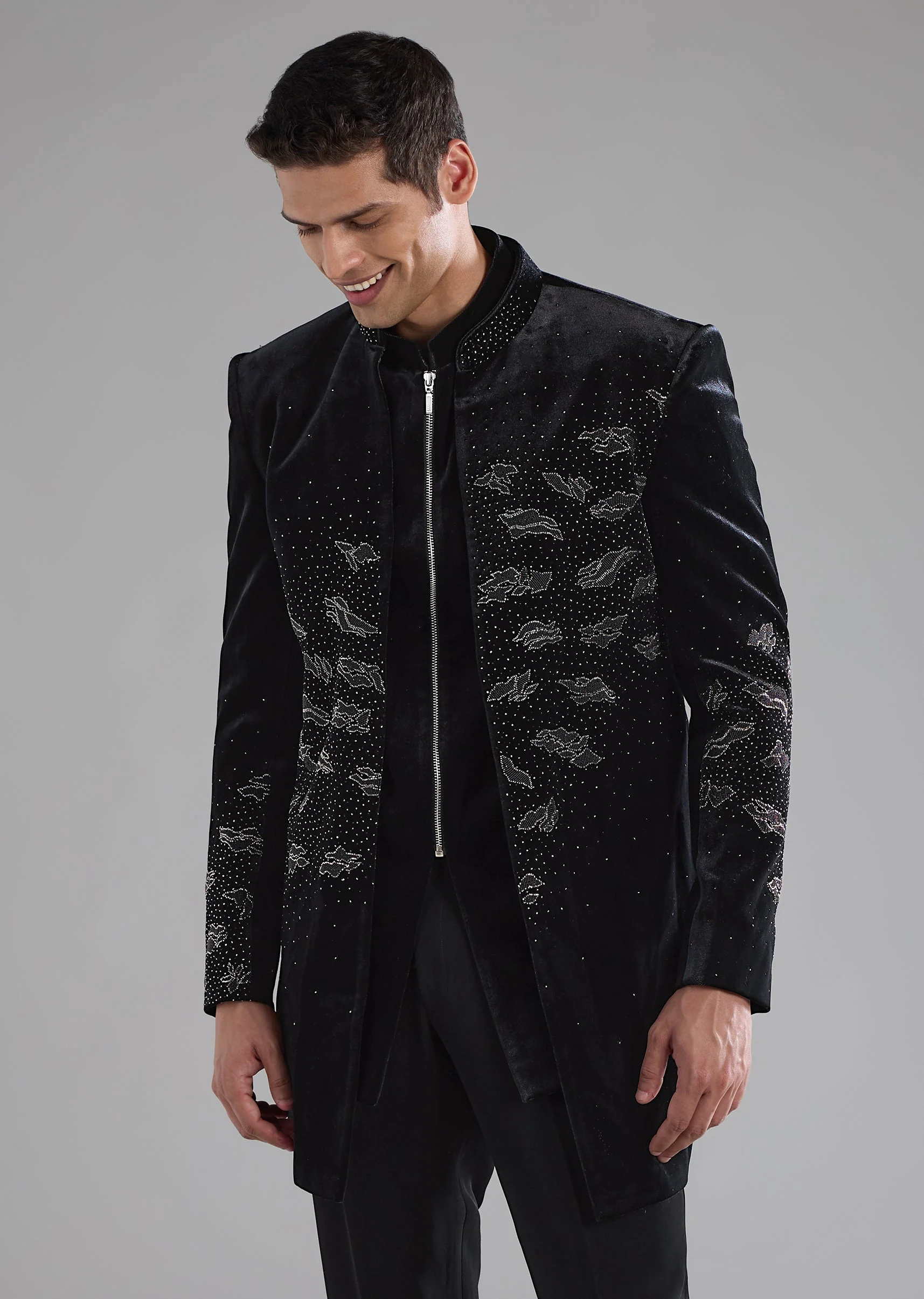 Black Velvet Indowestern Jacket Set with Bead Work
