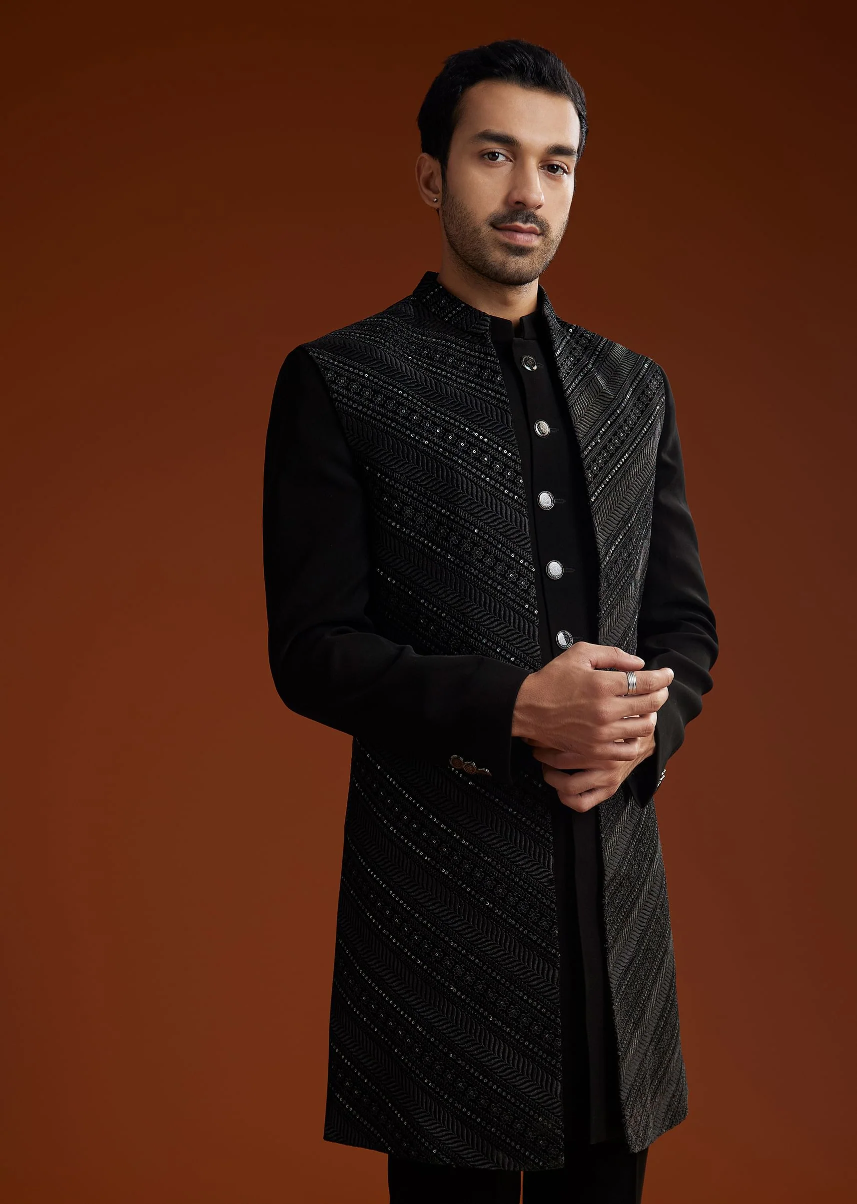 Black Velvet Open Indo Jacket Set With Embroidery - Image 3