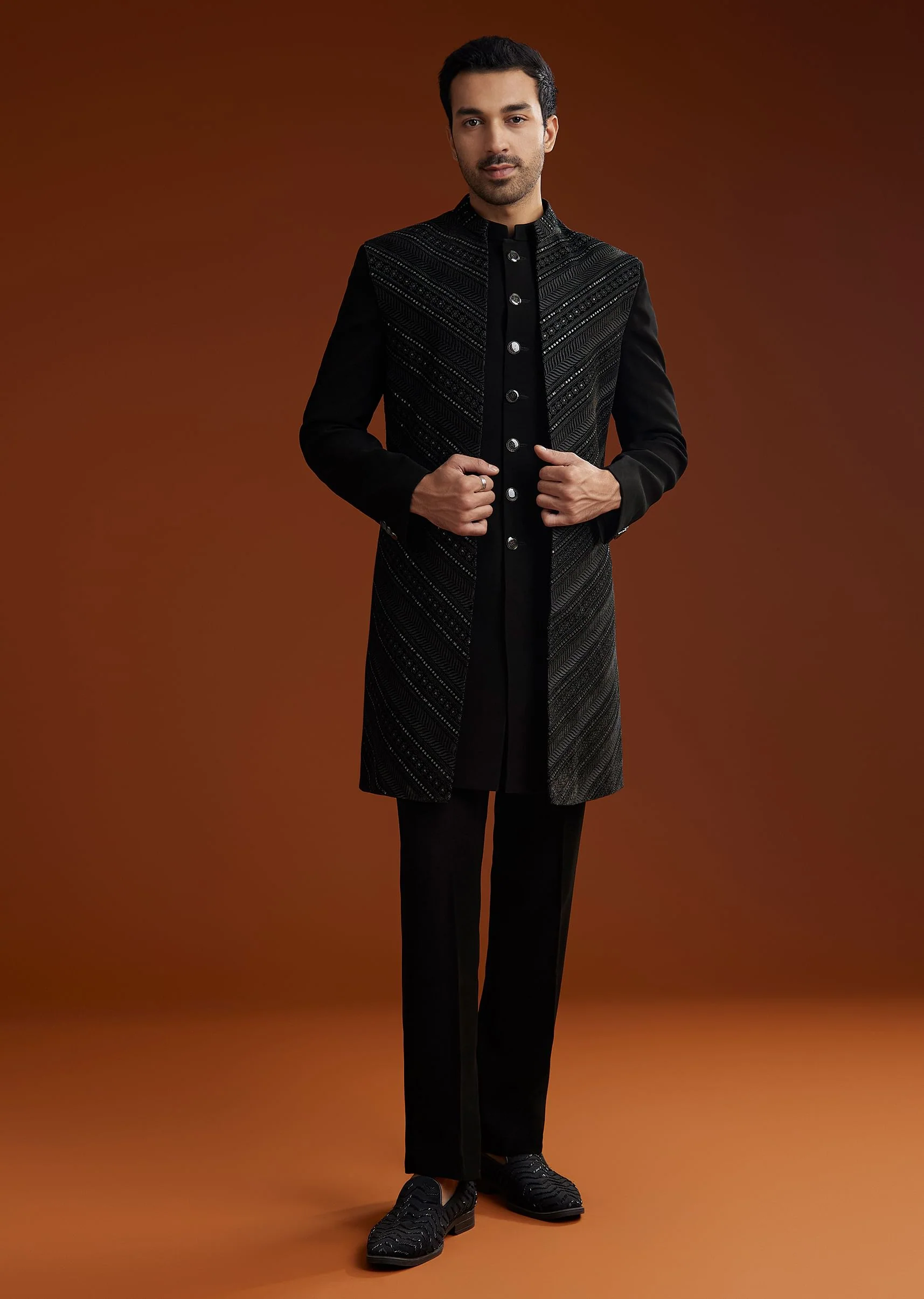 Black Velvet Open Indo Jacket Set With Embroidery - Image 4